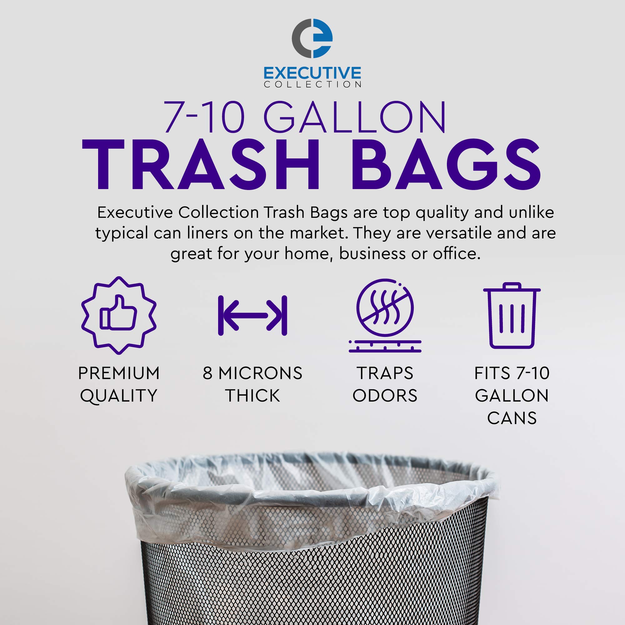 Clear 7-10 Gallon Trash Bags Bulk Pack - 250 Medium Size Garbage Bin Liners for Office, Bedroom & Kitchen Wastebasket Cans | Durable & Leak-Proof | Executive Collection | Perfect for Home, Office & Commercial Use