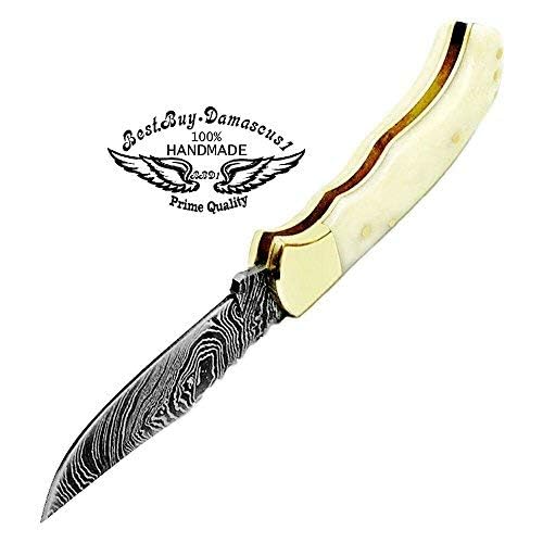 Premium Damascus Folding Pocket Knife with Blue Wood Handle - High-Quality Camping, Hunting & Survival Knife for Men - Perfect Gift for Outdoorsmen & Adventurers - Ideal for Hiking, Fishing & Everyday Carry (Camel)