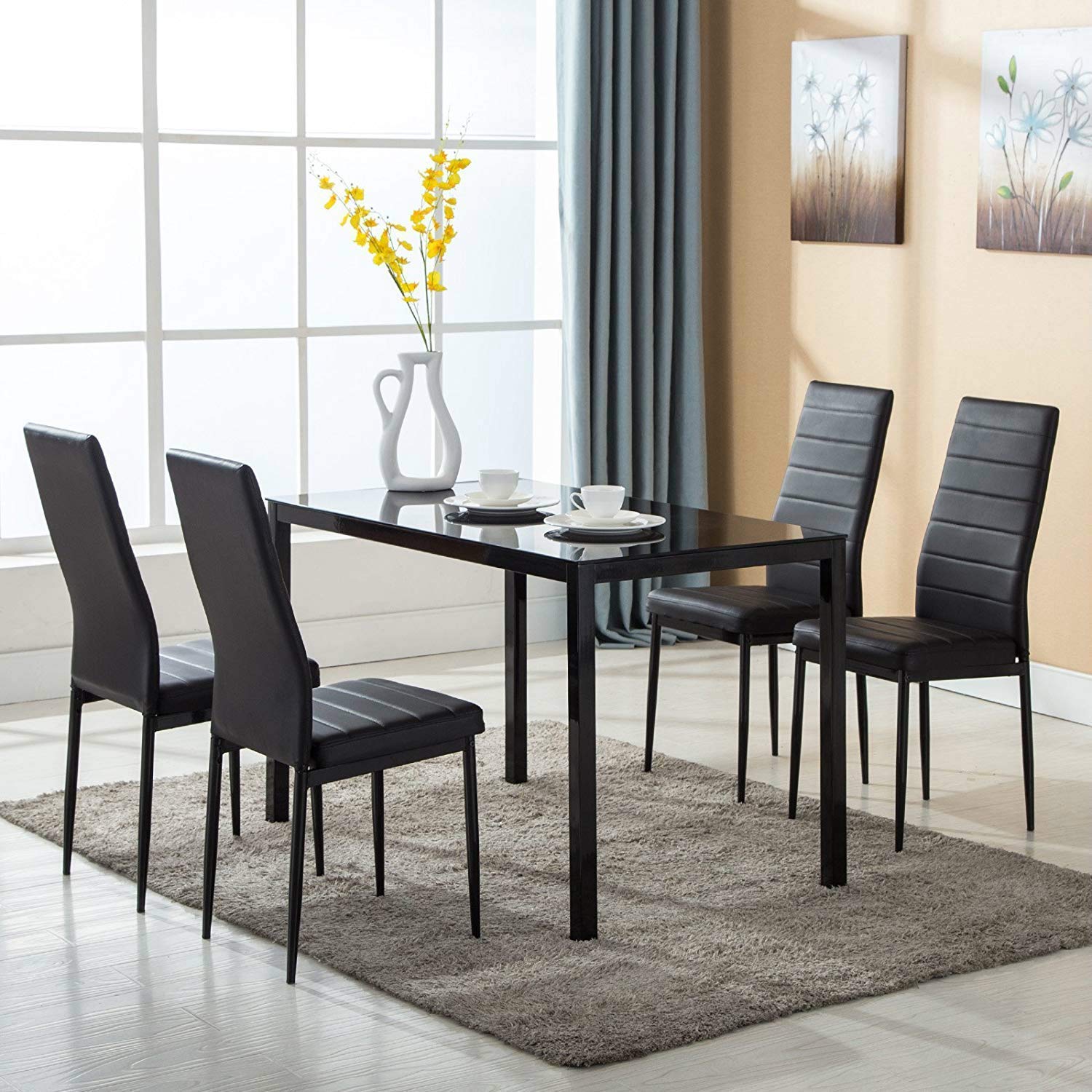 Modern Minimalist Glass Dining Table with Metal Legs - 47 Inch Rectangular Kitchen Table for 4-6 People, Black | Perfect for Small Spaces, Apartments & Contemporary Dining Rooms