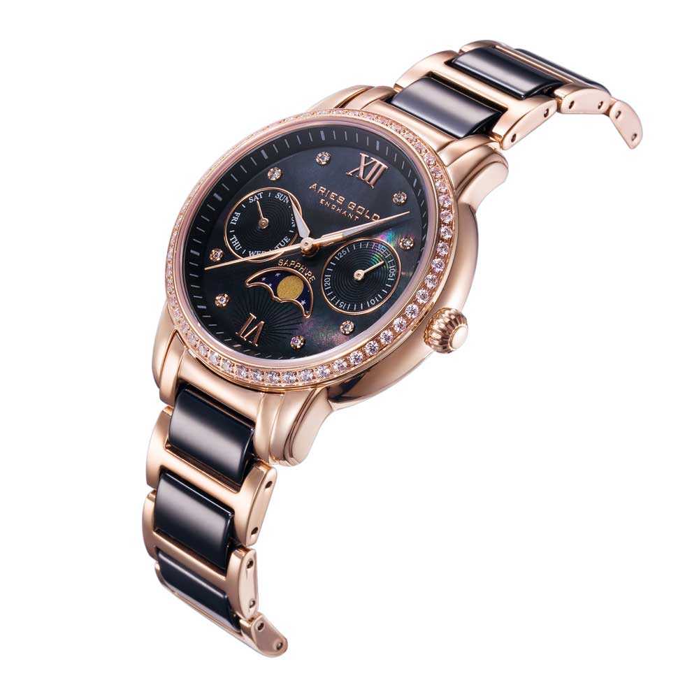 Aries Gold Enchant Luna L 58010L RG BKMP Women's Luxury Watch - Elegant Rose Gold & Black Timepiece for Business, Party & Special Occasions