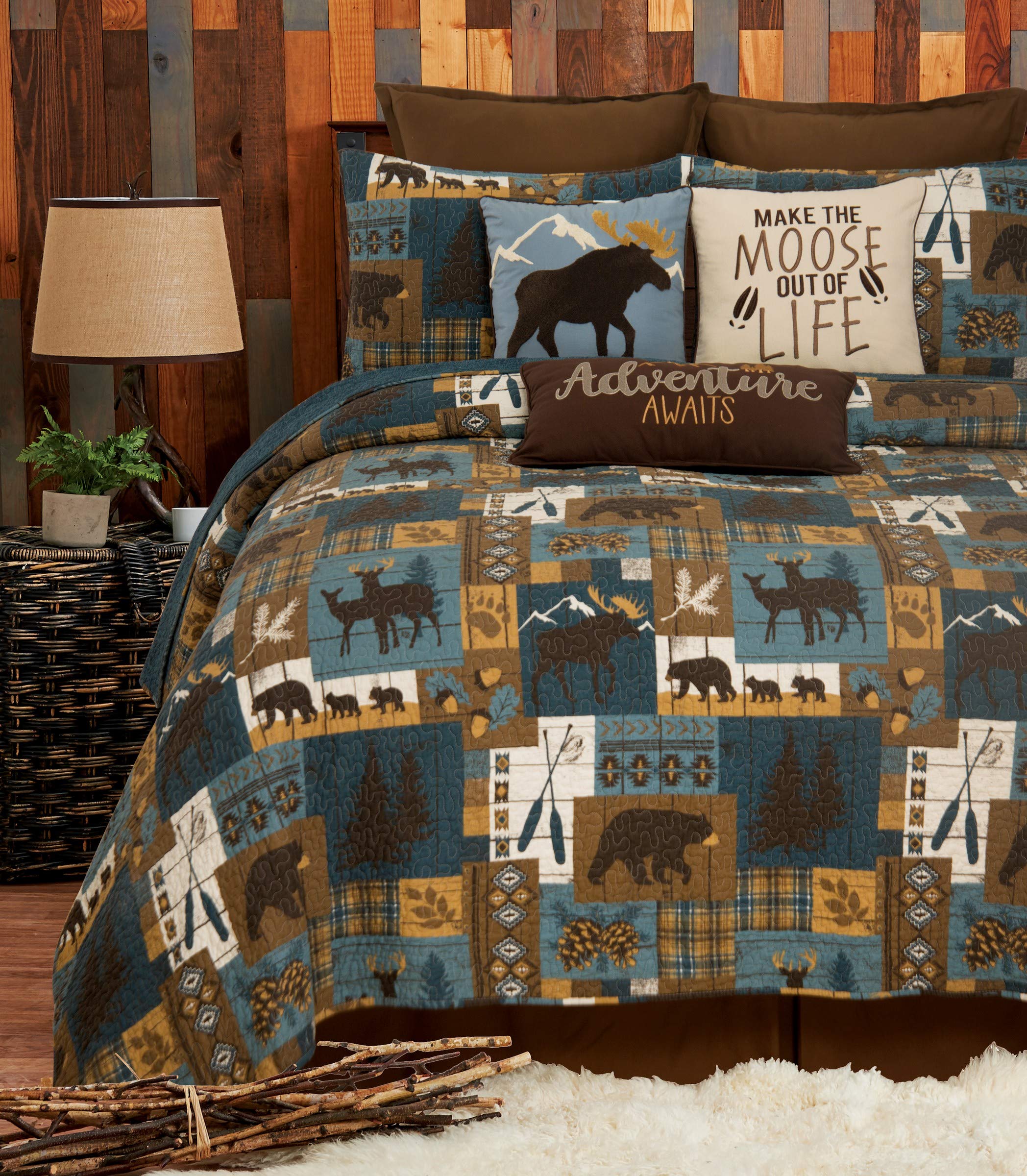 Timber Trails Sky 3-Piece King Quilt Set - Blue, Tan & Brown Cabin Woods Pattern Bedding with Shams | Rustic Cabin Decor for Cozy Bedroom Retreat