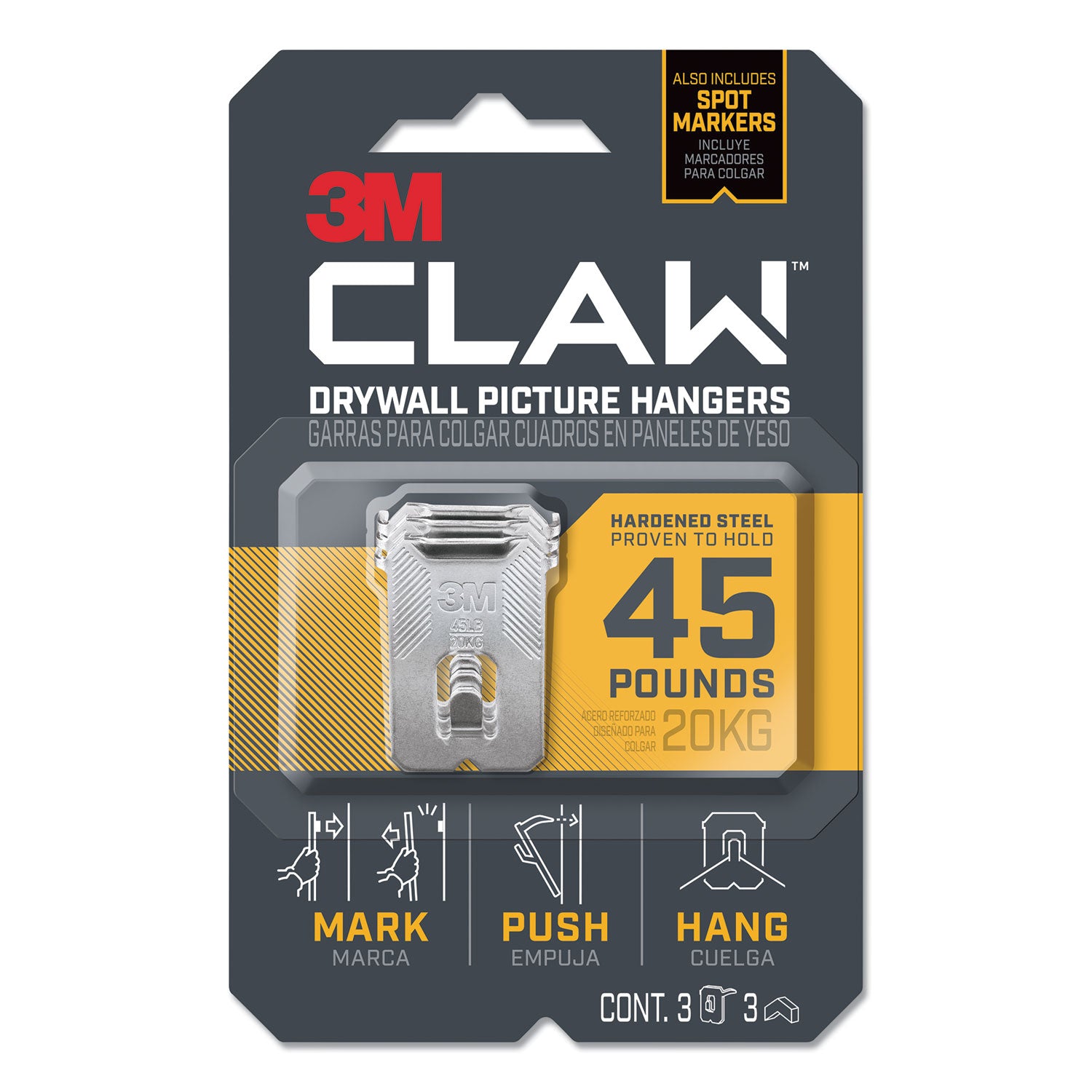 3M™ Claw Drywall Picture Hanger - Heavy Duty Stainless Steel Hooks (45 lb Capacity) - Includes 3 Hooks & 3 Spot Markers - Perfect for Hanging Frames, Mirrors & Home Decor Securely