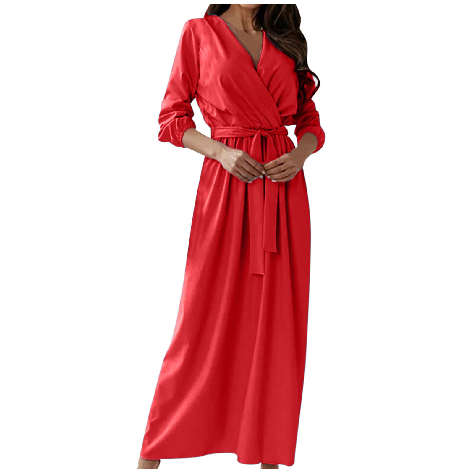 Elegant Women's Summer Long Sleeve V-Neck Dress - Soft Solid Color Casual Maxi Dress for Women | Perfect for Beach Vacations, Date Nights & Office Wear