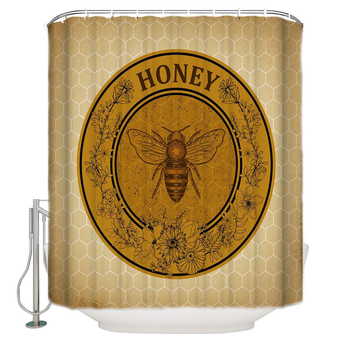 Custom Bee & Honeycomb Shower Curtain - USA Made Bathroom Decor with Floral Bloom Design, 72x96 Inch Machine Washable Fabric - Perfect for Farmhouse, Cottage & Vintage Style Bathrooms