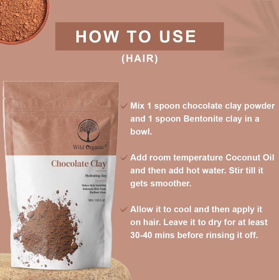 Organic Wild Chocolate Clay Powder - 100g Hydrating & Detoxifying Mask for Skin & Hair - Radiant Glow, Balances Skin Tone, Anti-Aging - Perfect for Spa Day & Self-Care Routine