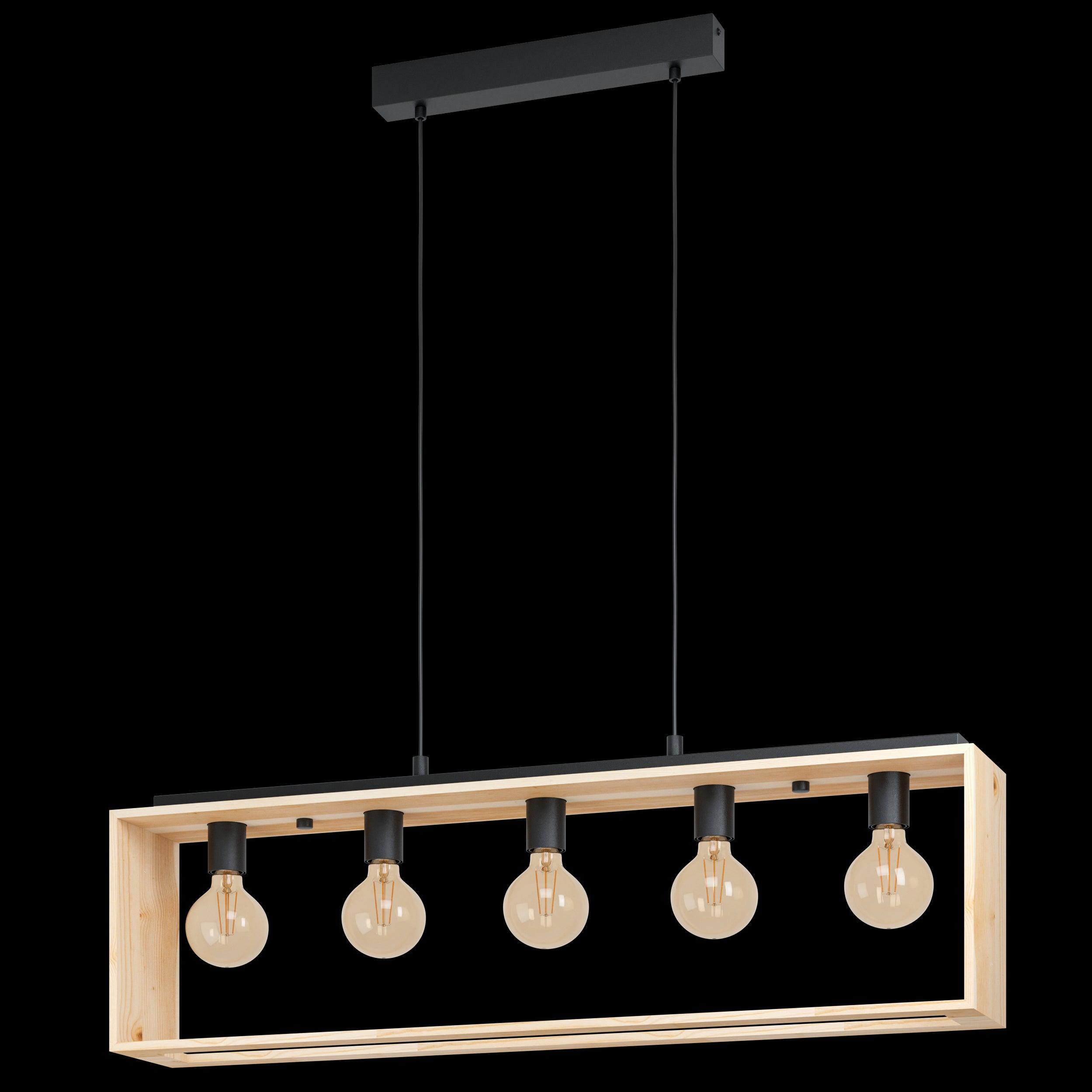 Eglo Famborough 5-Light Rectangular Wood and Metal Ceiling Pendant Light Fixture - Modern Farmhouse Dining Room Lighting for Kitchen Island, Entryway, or Living Room