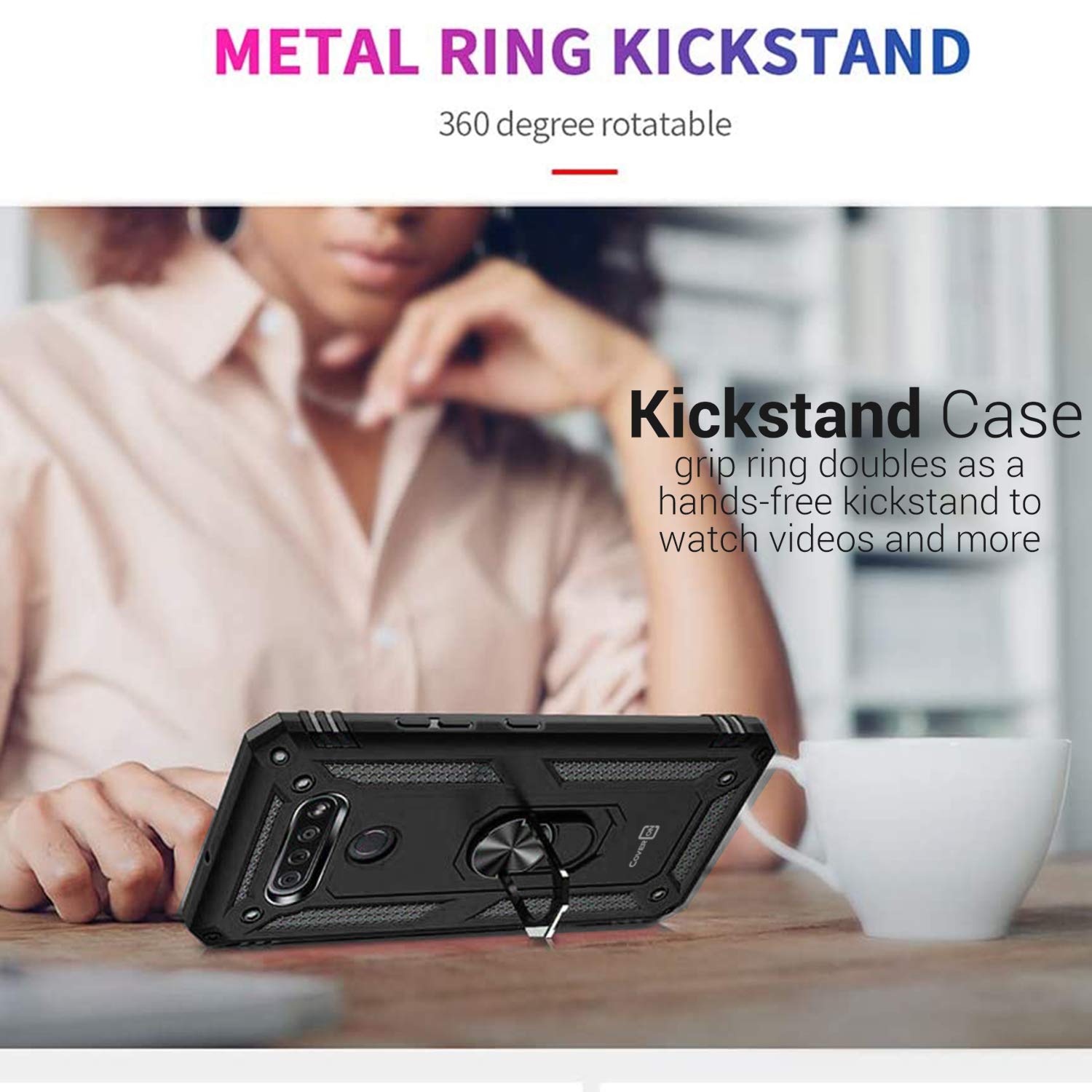 CoverON Magnetic Ring Kickstand for LG K51 & LG Reflect Cases - Rugged Protective Phone Cover with Mounting Compatibility (Black) | Perfect for Car Mounts, Desk Viewing & Hands-Free Use