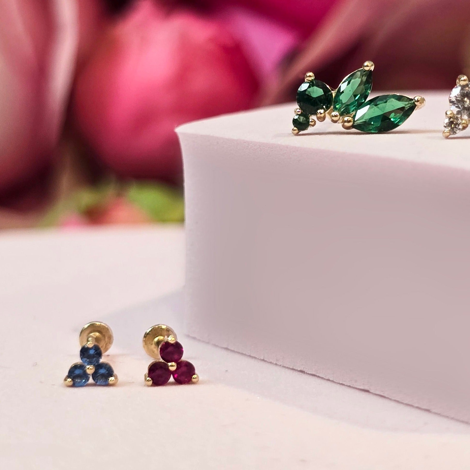 14K Yellow Gold Pink Ruby Trinity Cluster Stud Earrings for Women - Elegant Flat Back Design for Daily Wear, Parties & Gifts