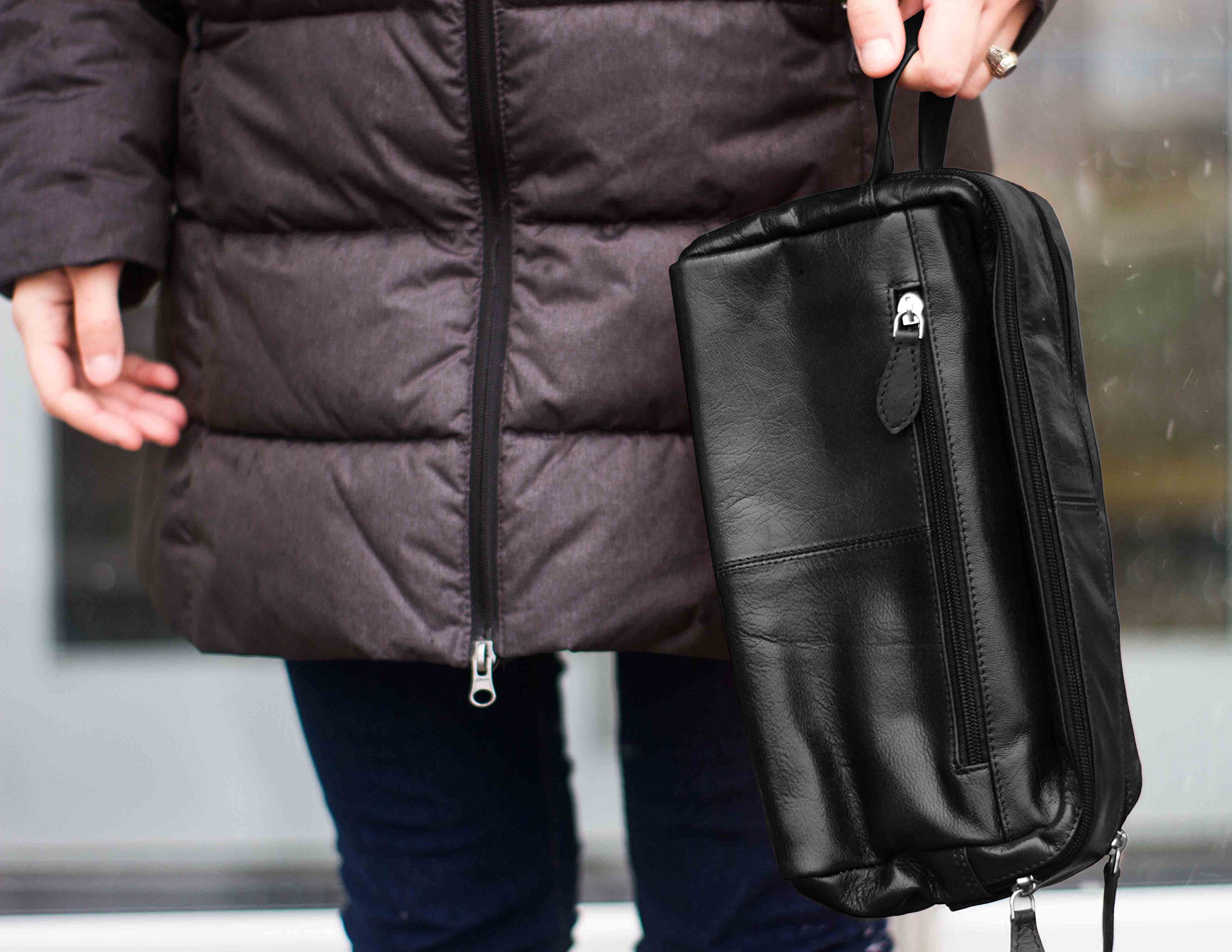 Premium Genuine Cowhide Black Leather Toiletry Bag for Men & Women - Travel Organizer, Dopp Kit - Perfect for Gym, Business Trips, and Vacation Essentials