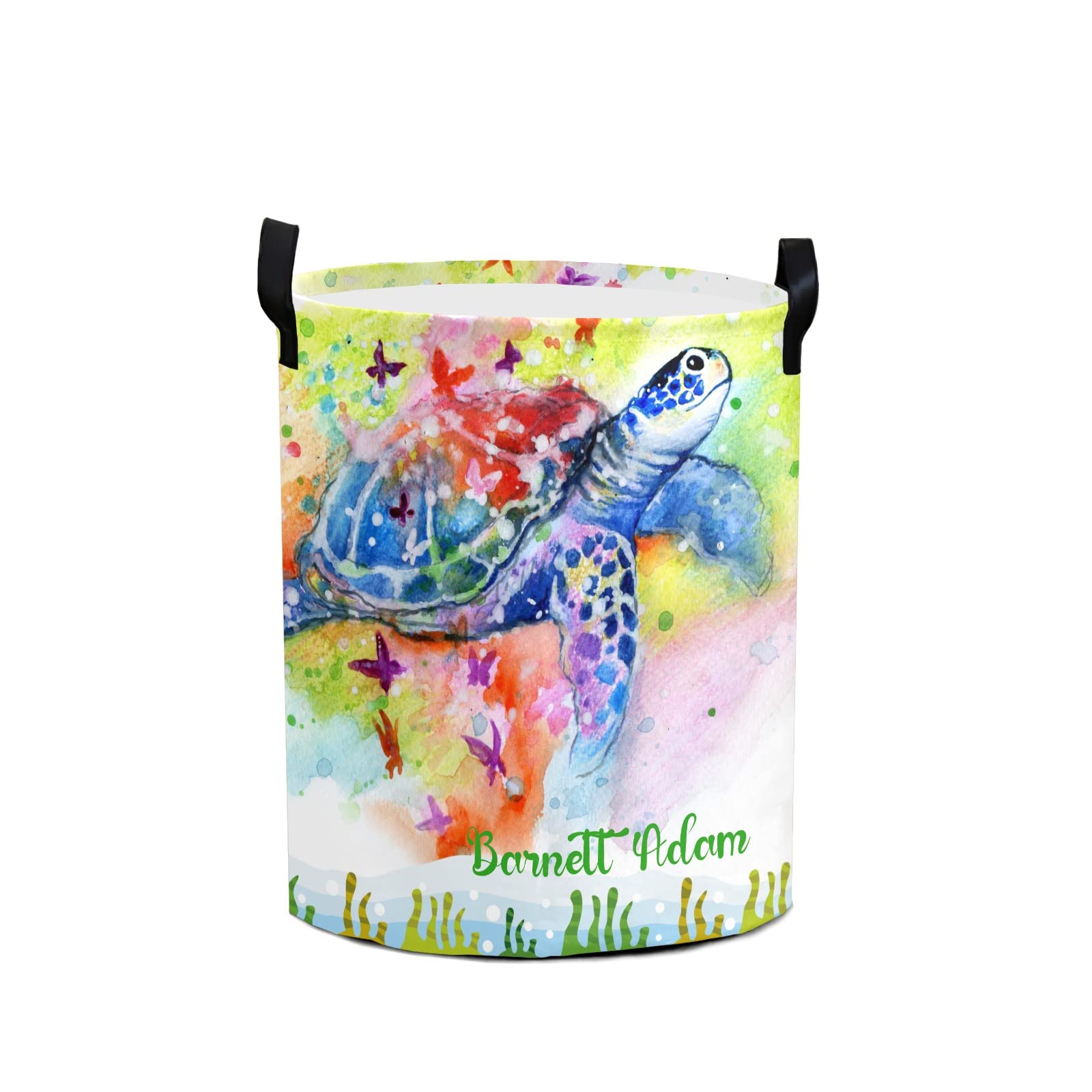 Personalized Laundry Basket with Handles - Waterproof Collapsible Clothes Hamper (50L) for Bedroom, Bathroom & Dorm | Underwater Sea Turtle Watercolor Design | Perfect for Organizing Clothes, Toys & College Essentials