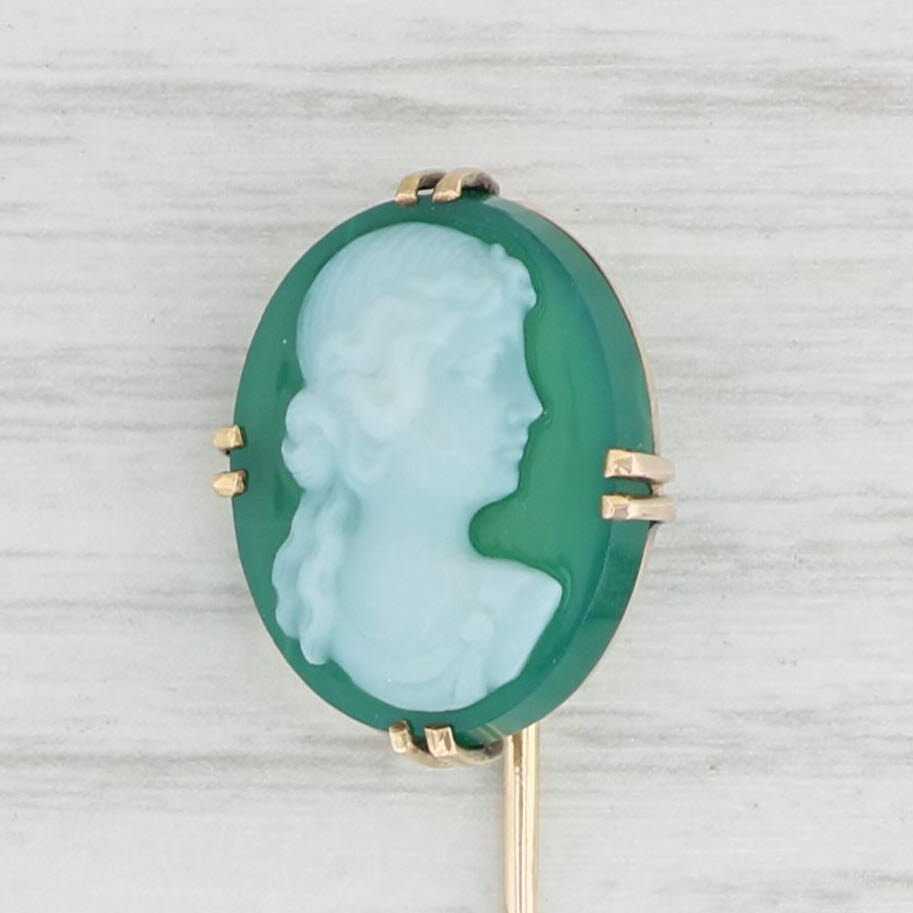 Antique Green Chalcedony Cameo Stickpin in 10k Yellow Gold - Vintage Jewelry for Collectors & Formal Occasions
