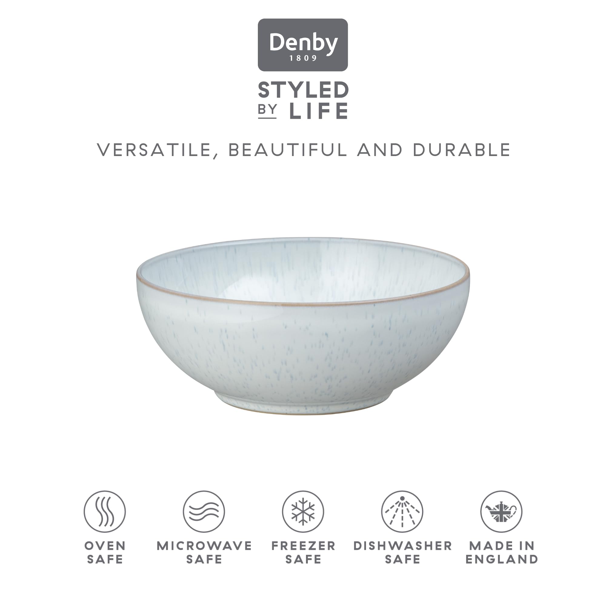 Denby White Speckle 27.7oz Ceramic Cereal Bowls Set of 6 - Microwave & Dishwasher Safe, Scratch & Chip Resistant - Reactive White Glaze Stoneware for Breakfast, Oats, Desserts - Elegant Neutral Tableware for Home & Restaurant Use