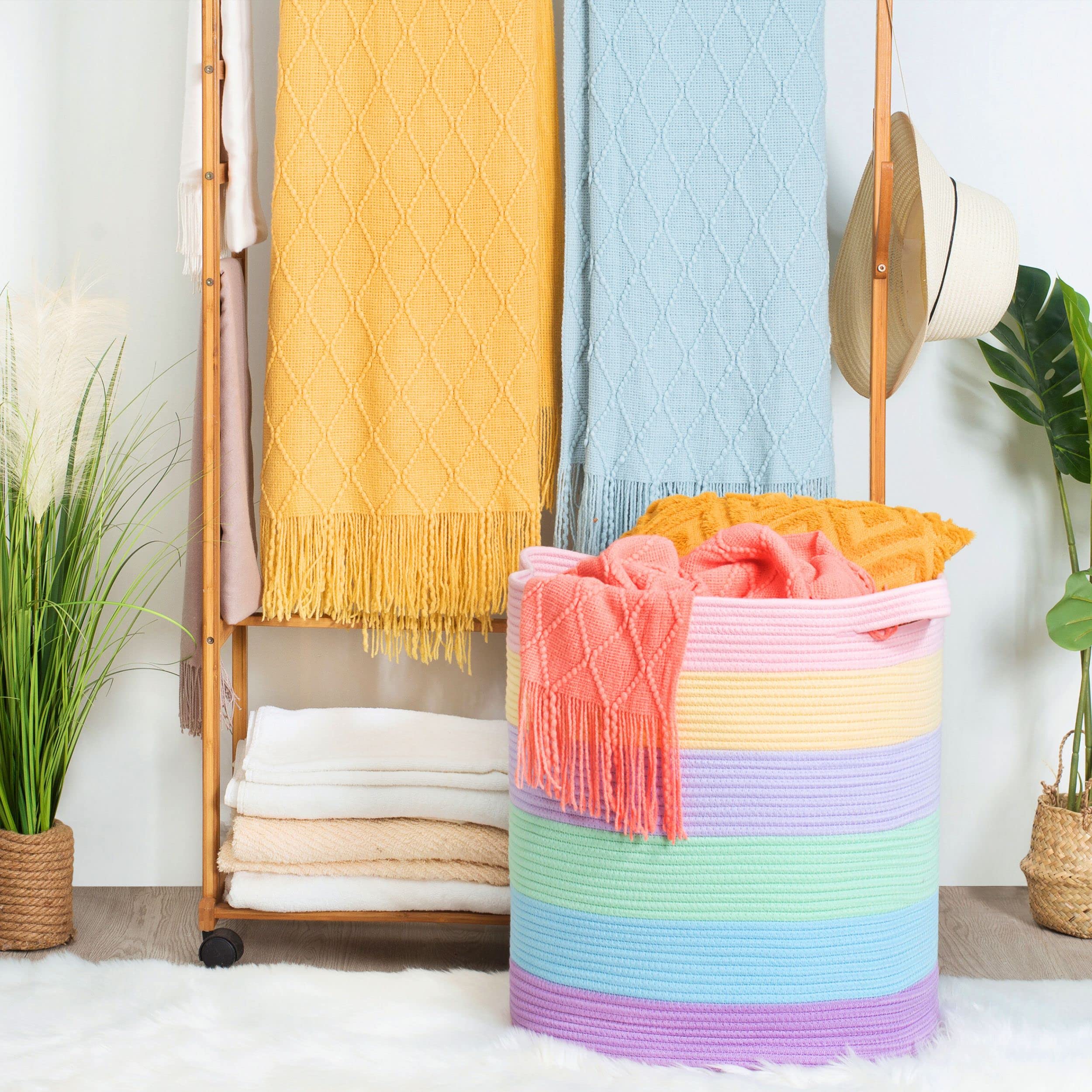 MINTWOOD Extra Large 20x18 Inch Woven Cotton Rope Storage Basket - Pastel Rainbow Laundry Hamper, Blanket Organizer for Bedroom, Living Room & Nursery - Perfect for Towels, Pillows, Toys & Home Decor