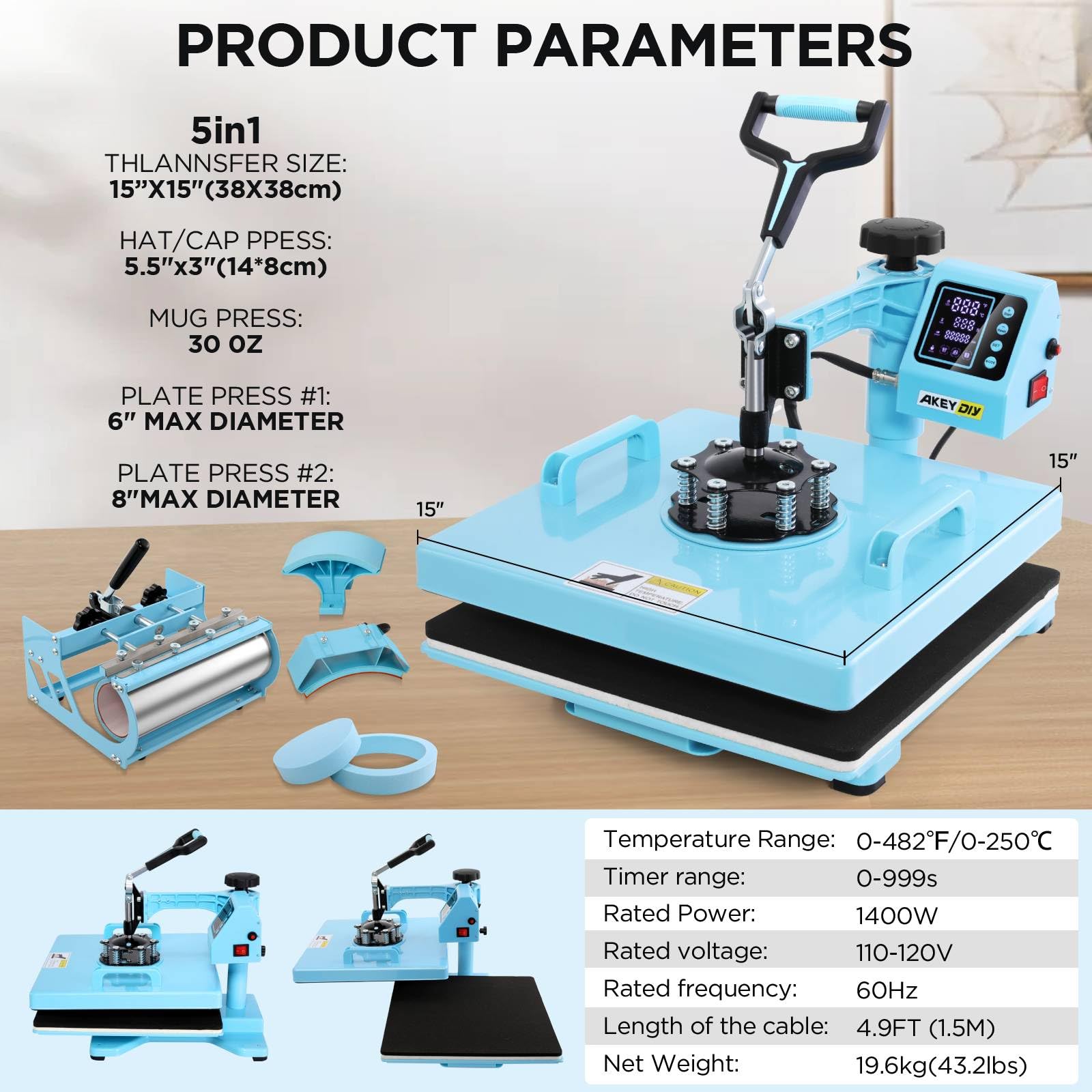 15x15 Inch 5-in-1 Heat Press Machine with 30OZ Tumbler Attachment - Digital Sublimation Transfer Press for T-Shirts, Mugs, Caps & Plates - 1400W Blue Heat Press for DIY Crafts & Small Business Printing
