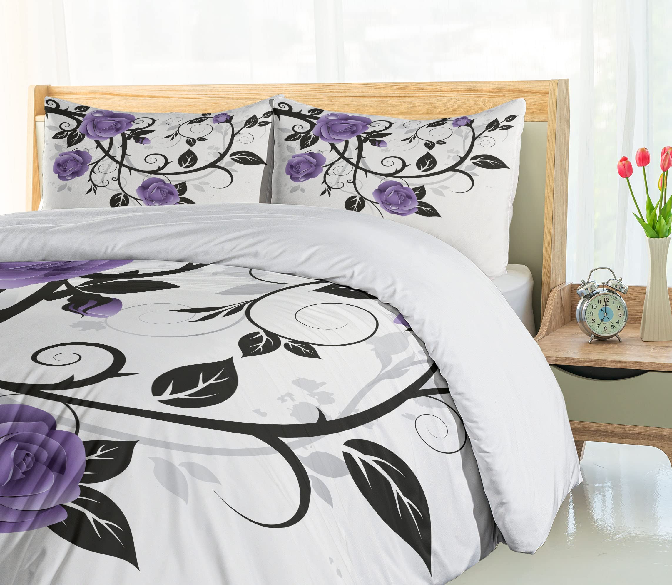 Lunarable Floral Duvet Cover Set - Spring Roses with Monochrome Branches on Grunge Background, 3-Piece Bedding Set with 2 Pillow Shams, California King Size, Lavender Black & White | Perfect for Bohemian Bedroom Decor & Guest Room Styling