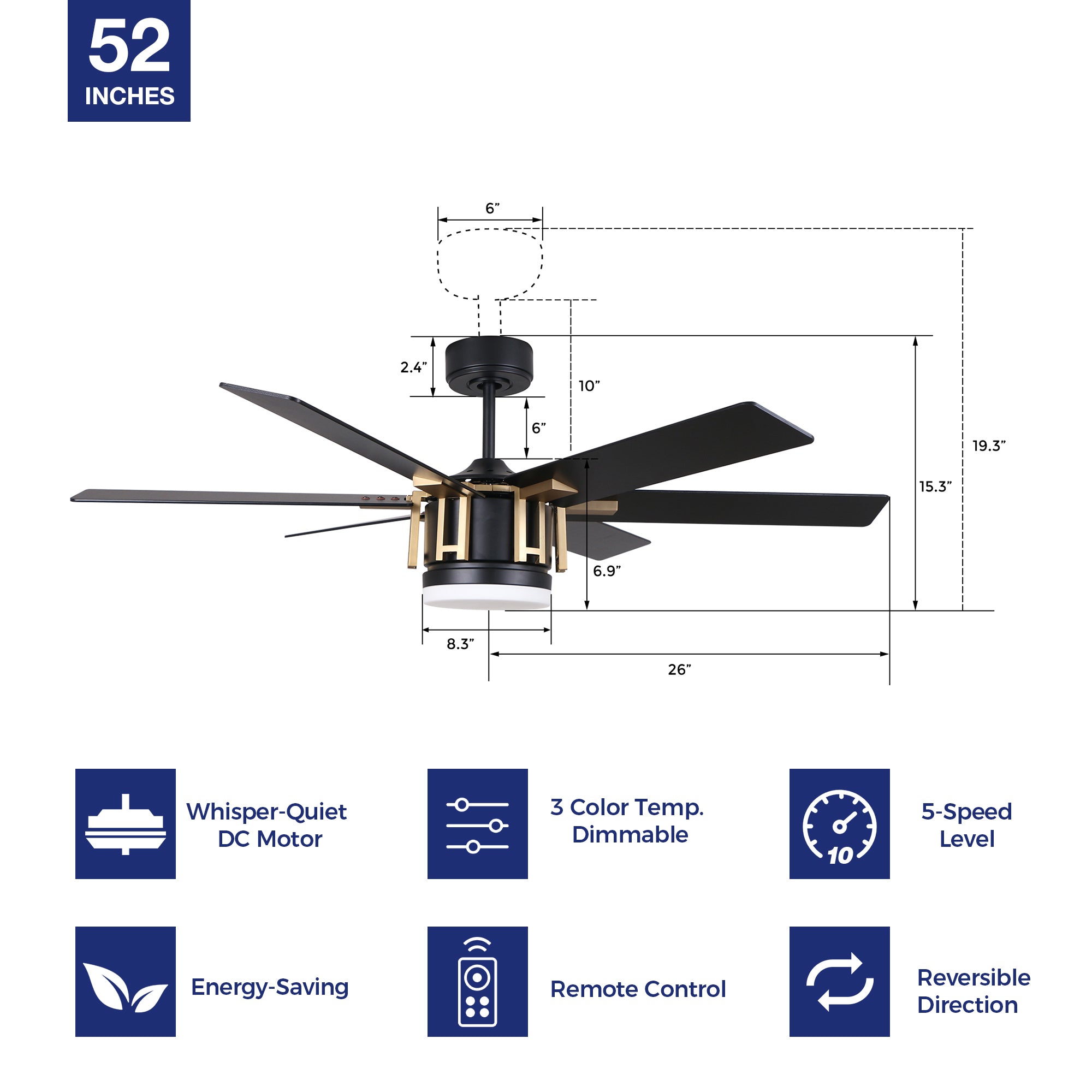 52 Inch Sennin Modern Ceiling Fan with LED Light, Remote Control - Perfect for Living Room, Bedroom & Outdoor Patio Cooling