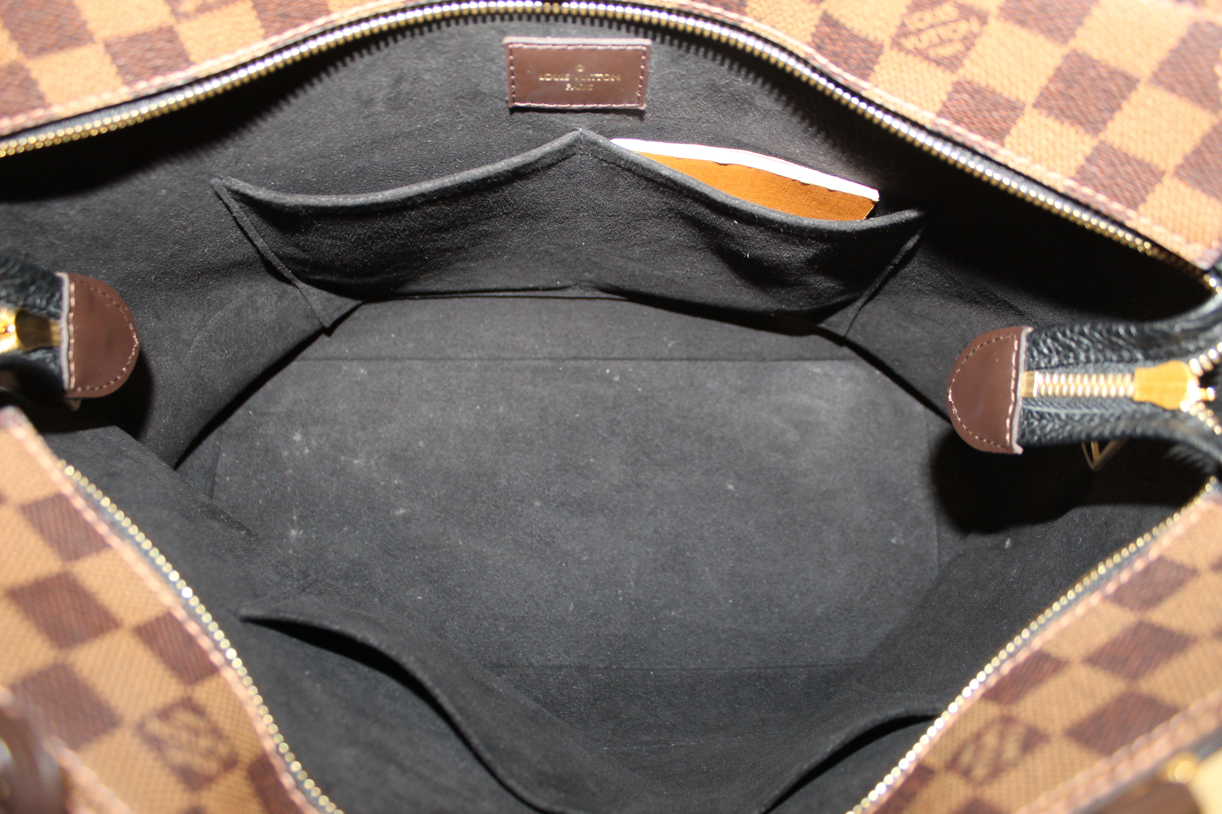 Authentic Louis Vuitton Damier Ebene Canvas Tote Bag with Black Leather Trim - Luxury Designer Handbag for Women, Perfect for Work, Travel & Everyday Use