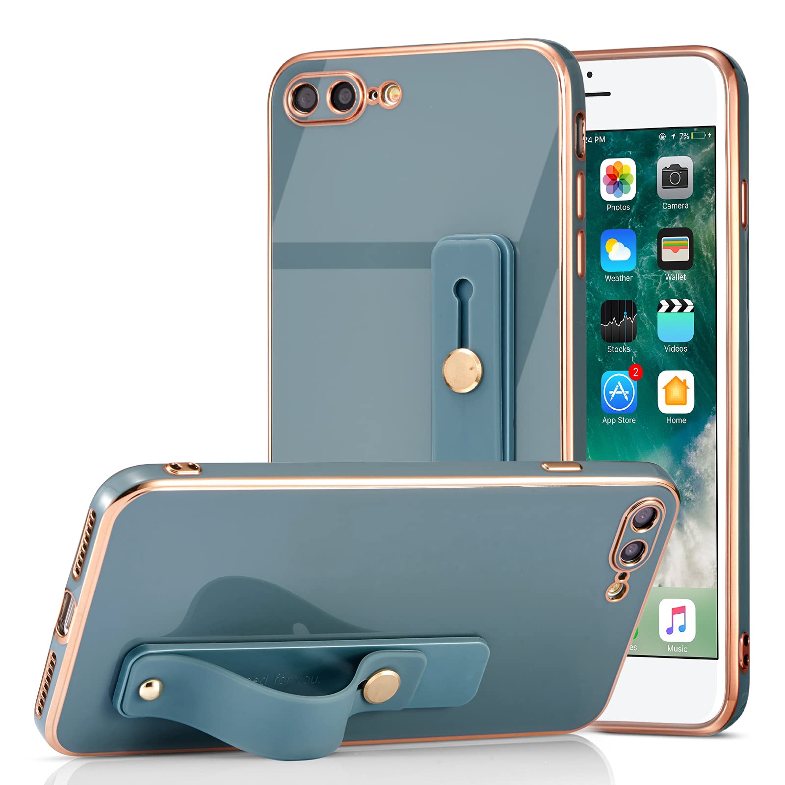 EYZUTAK Slim Shockproof Silicone TPU Case for iPhone 7 Plus & iPhone 8 Plus - Electroplated Design with Wristband, Kickstand & Finger Holder Strap (Gray) | Perfect for Workouts, Travel & Everyday Protection