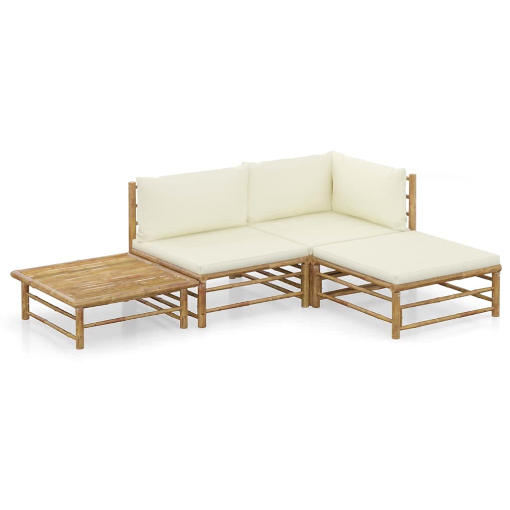 4-Piece All-Weather Outdoor Patio Furniture Set - Bamboo Sectional Sofa with Cream White Cushions & Coffee Table - Perfect for Garden, Poolside, Balcony & Backyard Relaxation