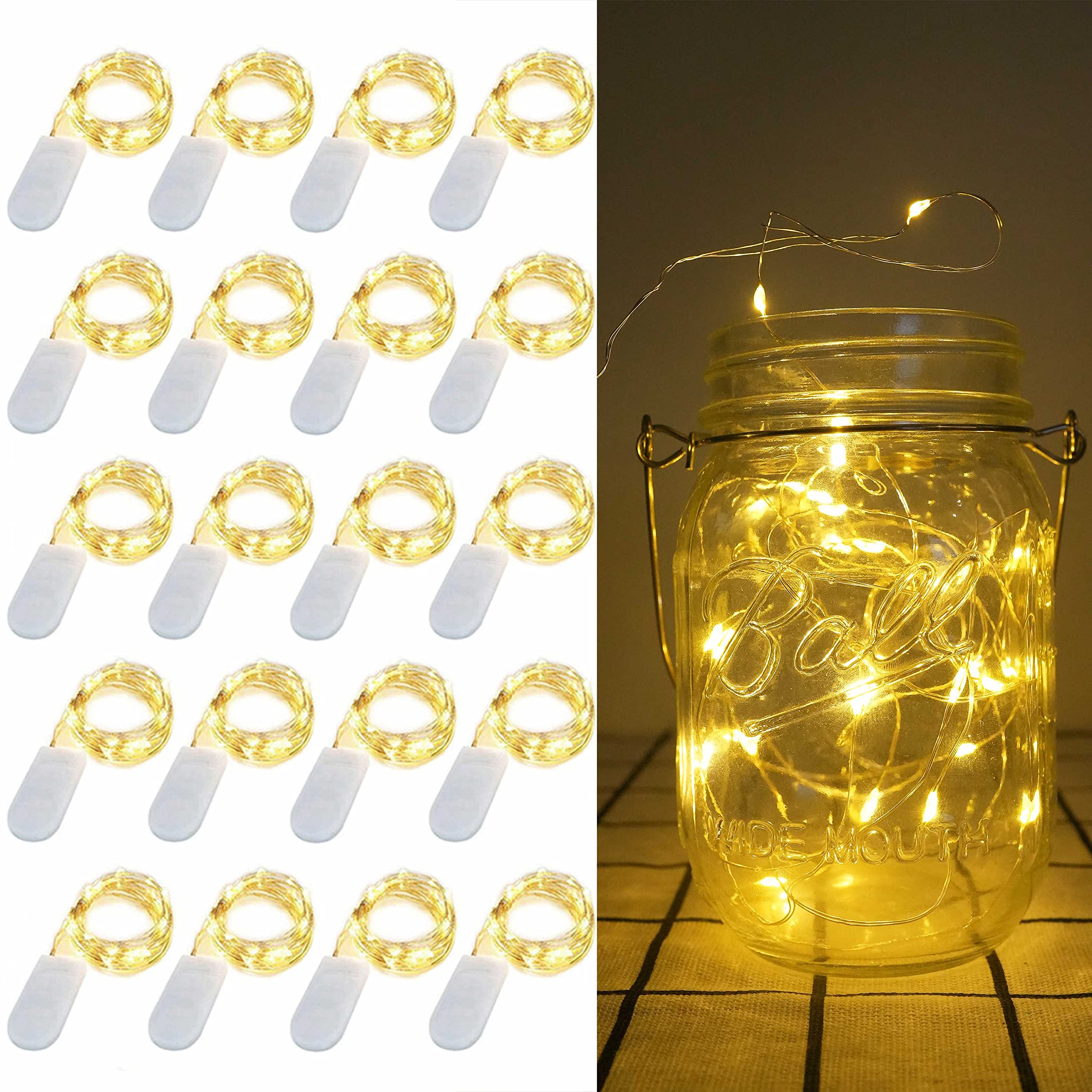 20 Pack Battery Operated Fairy Lights - 6.6ft 20 LED Waterproof Mason Jar Lights with Silver Wire, Mini Firefly String Lights for Wedding Centerpieces, Table Decor, DIY Crafts, Christmas Party & Home Decoration (Perfect for Indoor/Outdoor Use)