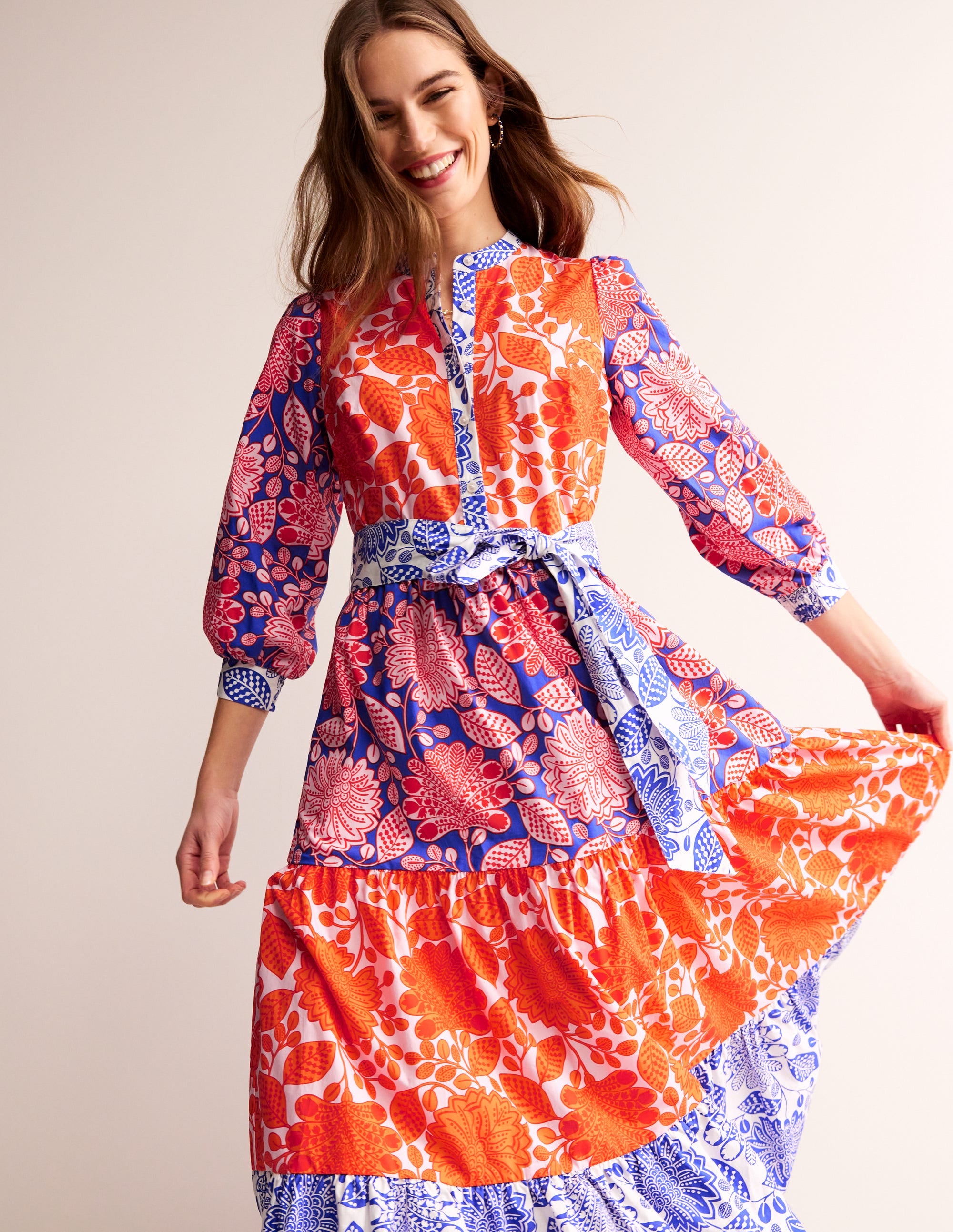 Alba Women's Tiered Cotton Maxi Dress - Floral Print Bohemian Summer Dress for Beach, Vacation & Casual Wear | Firecracker & Gardenia Swirl Patterns