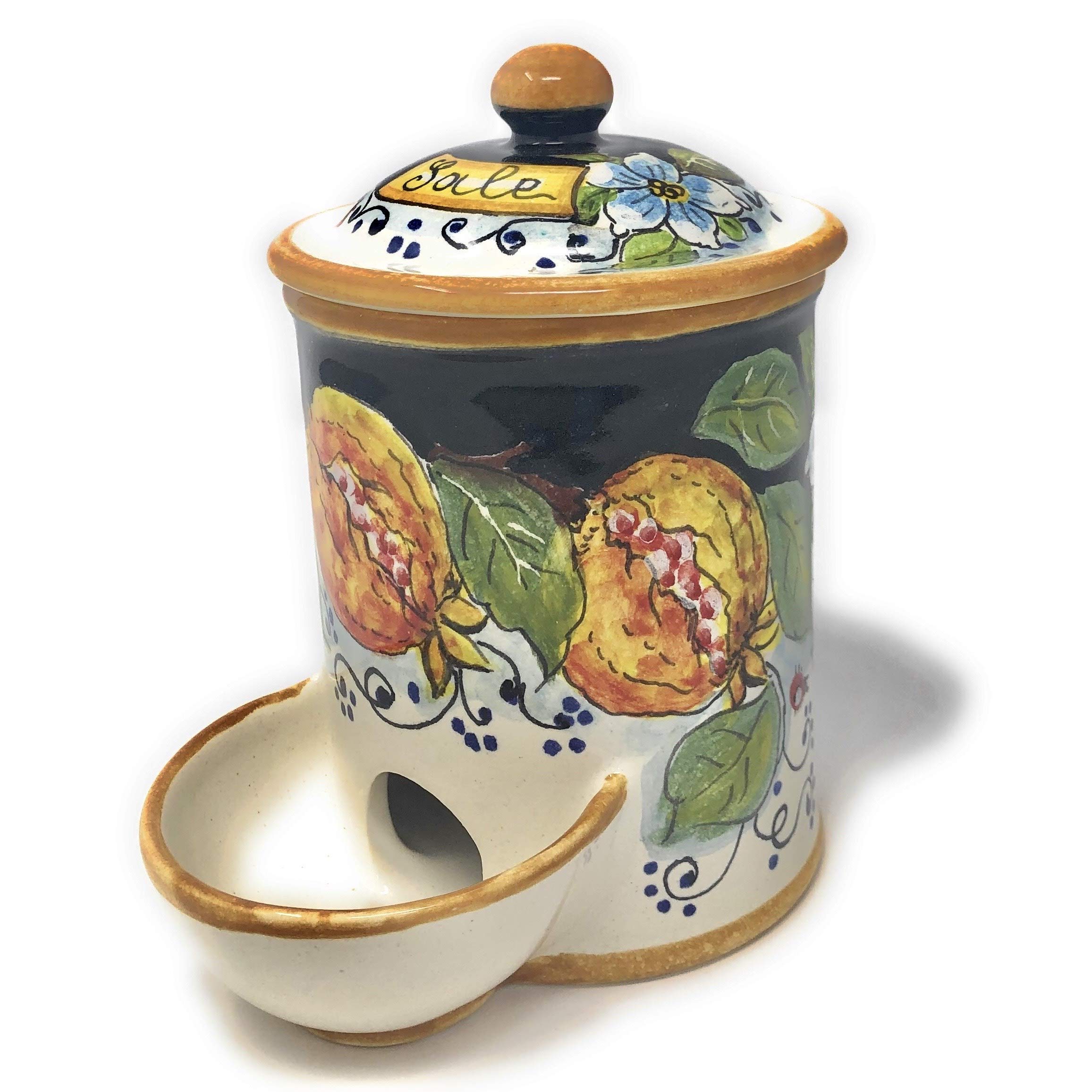 Hand-Painted Italian Ceramic Jar - Tuscan Salt Holder with Fruit Decoration | Authentic Florence Pottery from Italy | Perfect for Kitchen Decor & Gift Giving