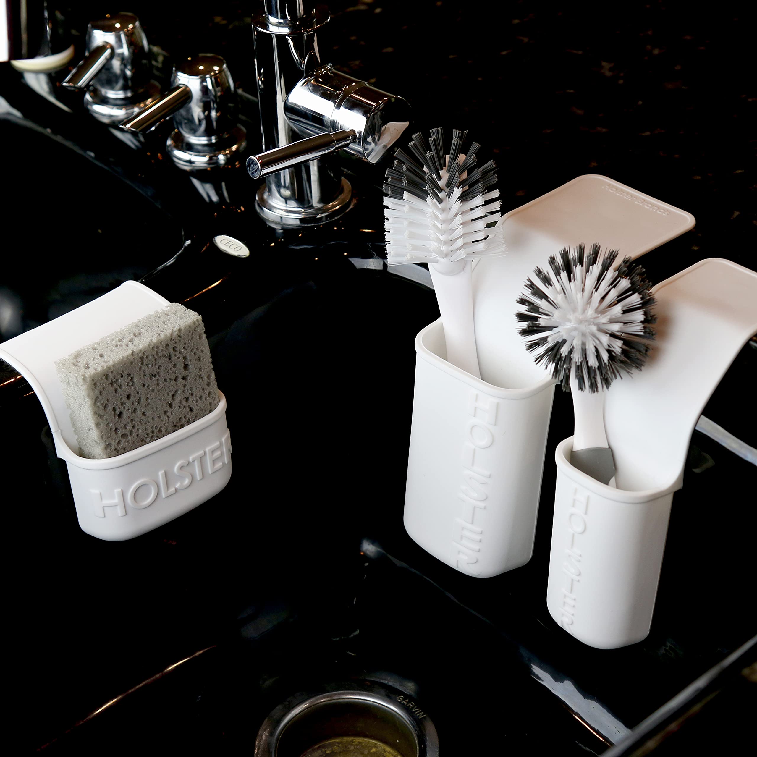 Holster Brands Kitchen Lil' Holster Dish Brush Holder - White | Compact Sponge & Scrubber Organizer for Sink Countertop - Perfect for Small Kitchens & RVs