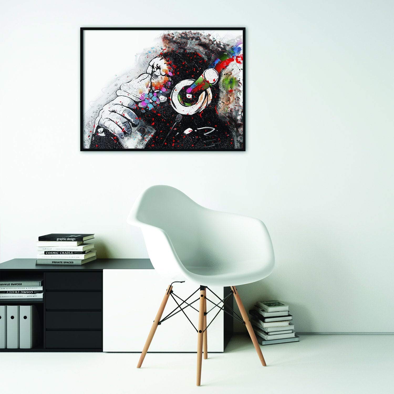 Thinking Monkey Headphone Art Poster - Banksy Wall Street Graffiti Print - Cool Music Pop Decor for DJ Room, Nursery & Gift Ideas - Printed Paper Wall Art for Home & Office