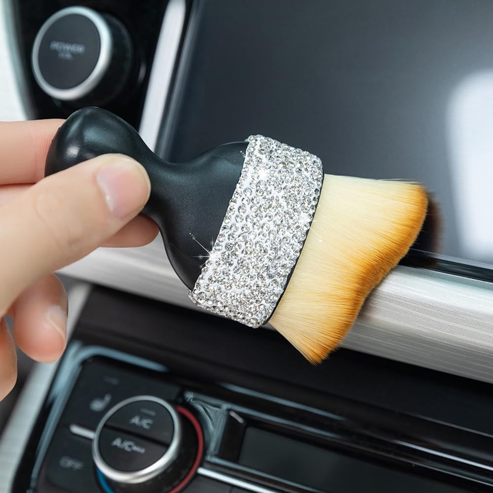 Glitter Diamond Crystal Car Interior Dust Brush - Soft Bristles Dashboard Cleaner for AC Vents, Leather Seats, Computers | Premium Silver Dusting Tool for Cars, Home & Office Cleaning