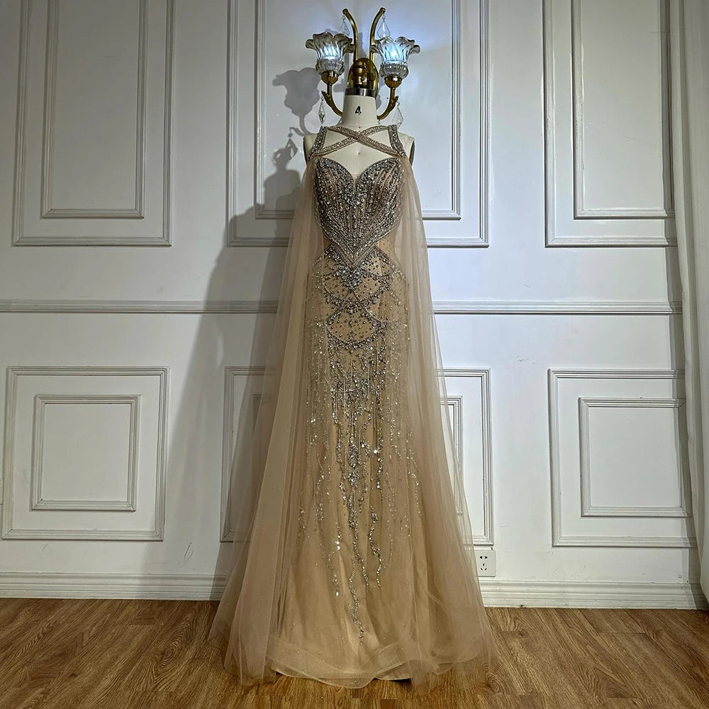 Luxury Dubai Nude Cape Sleeves Beaded Crystal Arabic Evening Dresses Gowns For Women Wedding Party LA72806 - Elegant Formal Gown for Bridal Shower, Red Carpet Events & Special Occasions
