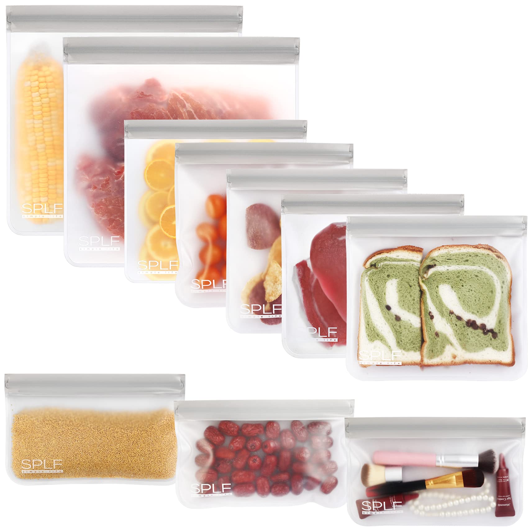 SPLF 10-Pack BPA-Free Reusable Storage Bags - 5 Sandwich Bags, 3 Snack Bags & 2 Gallon Bags - Extra Thick Leakproof Freezer Bags - Eco-Friendly Silicone Food Storage for Lunch, Meal Prep & Travel