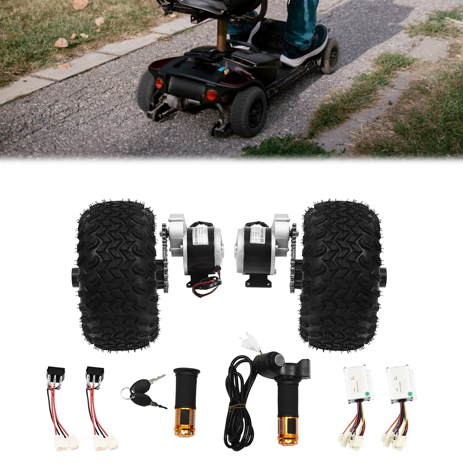 10 Inch 24V 250W Dual Motor Drive Air Wheel Conversion Kit with Digital Display & Throttle Reverse Switch - Electric Scooter Wheel Conversion for Go-Karts, Wheelchairs - Perfect for DIY Mobility Upgrades and Off-Road Fun