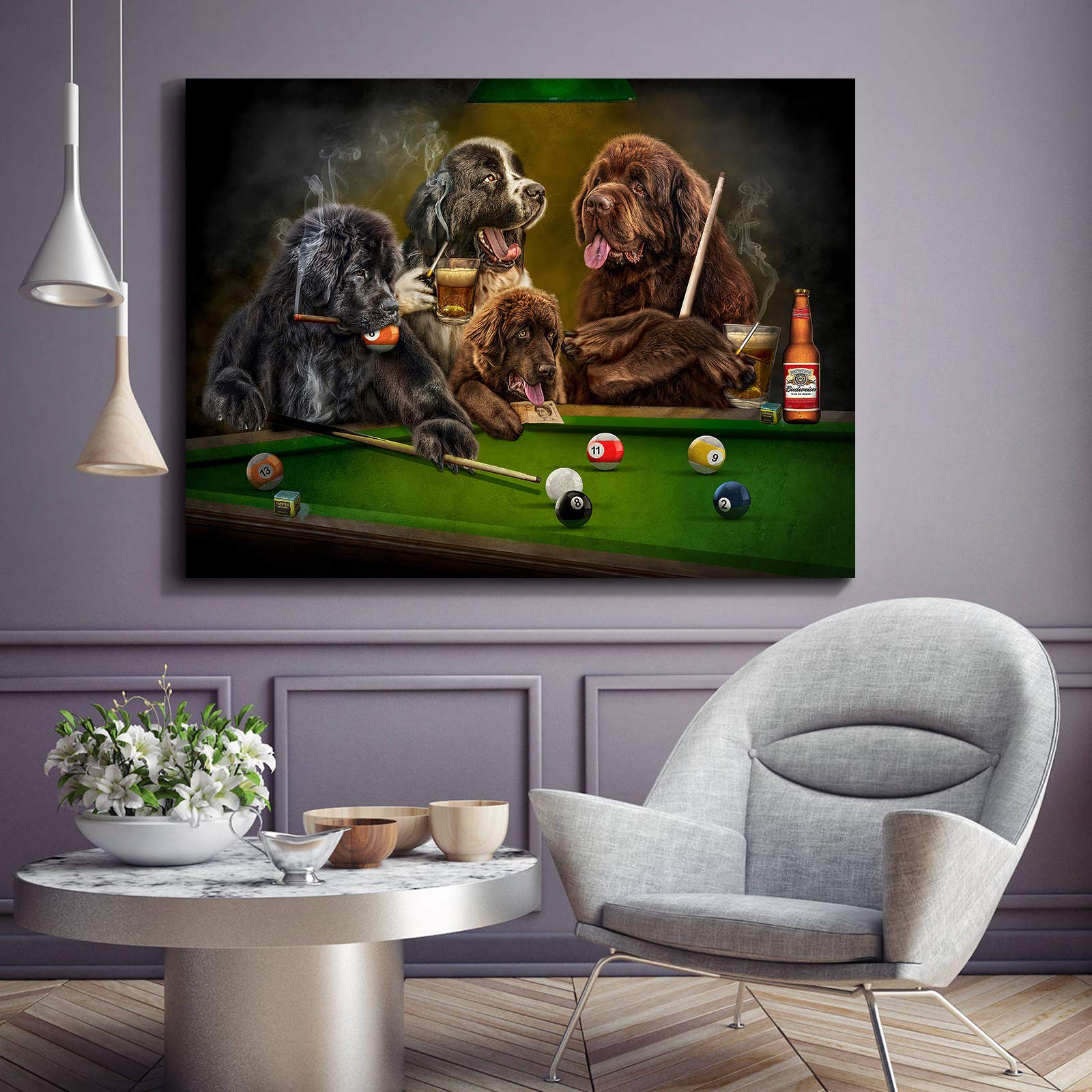 Denozer - Dogs Playing Pool by Cassius Marcellus Coolidge - Premium Oil Painting Reproduction on Gallery-Wrapped Canvas (48x36 Inch) - Ready to Hang Billiards Game Artwork for Entertainment Room, Man Cave & Game Room Wall Decor