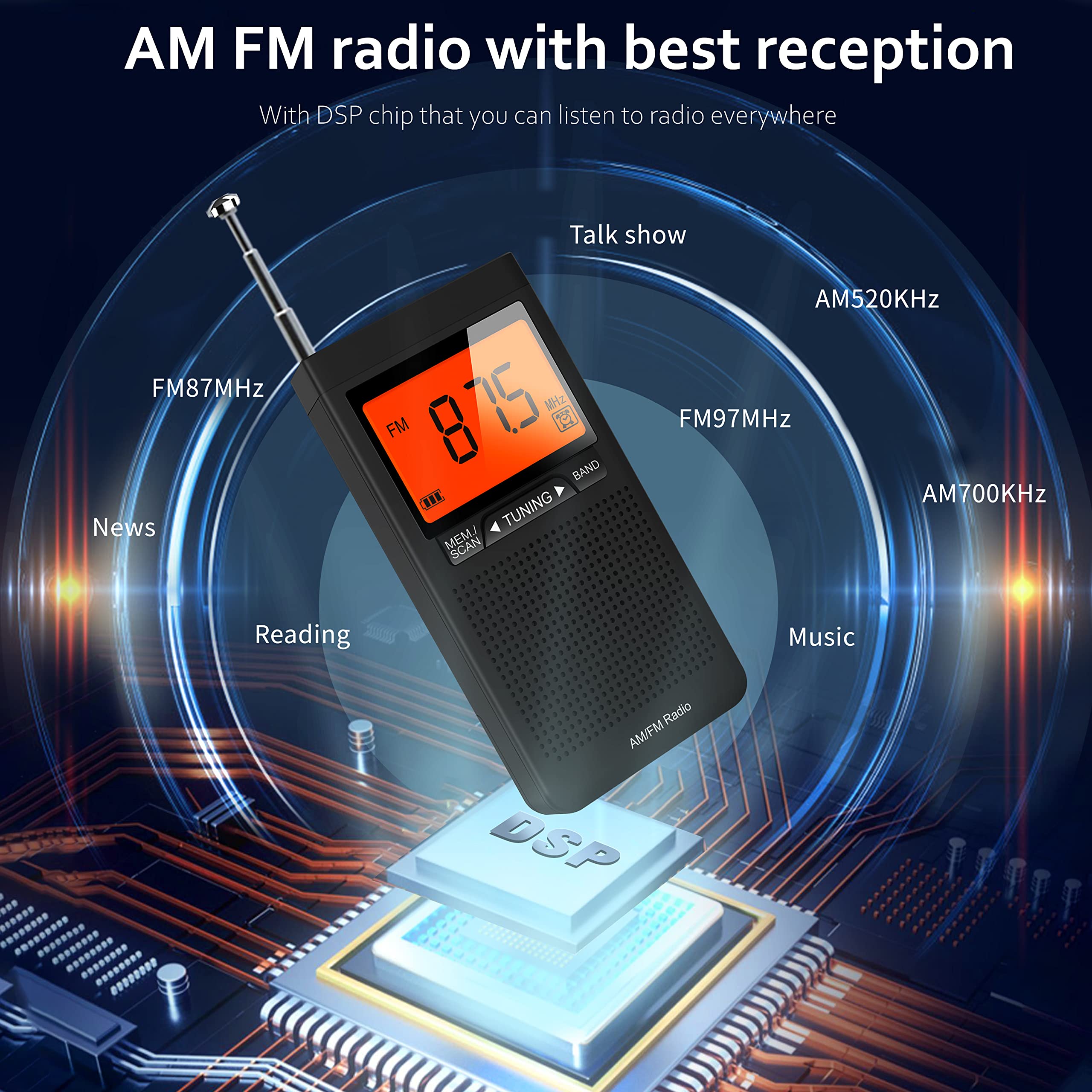 Best AM FM Portable Radio with Digital Screen - Pocket Transistor Radio with Stereo Earphone Jack, Sleep Timer & Alarm Clock - 2 AAA Battery Powered for Jogging, Walking, Camping & Emergency Use (Black)