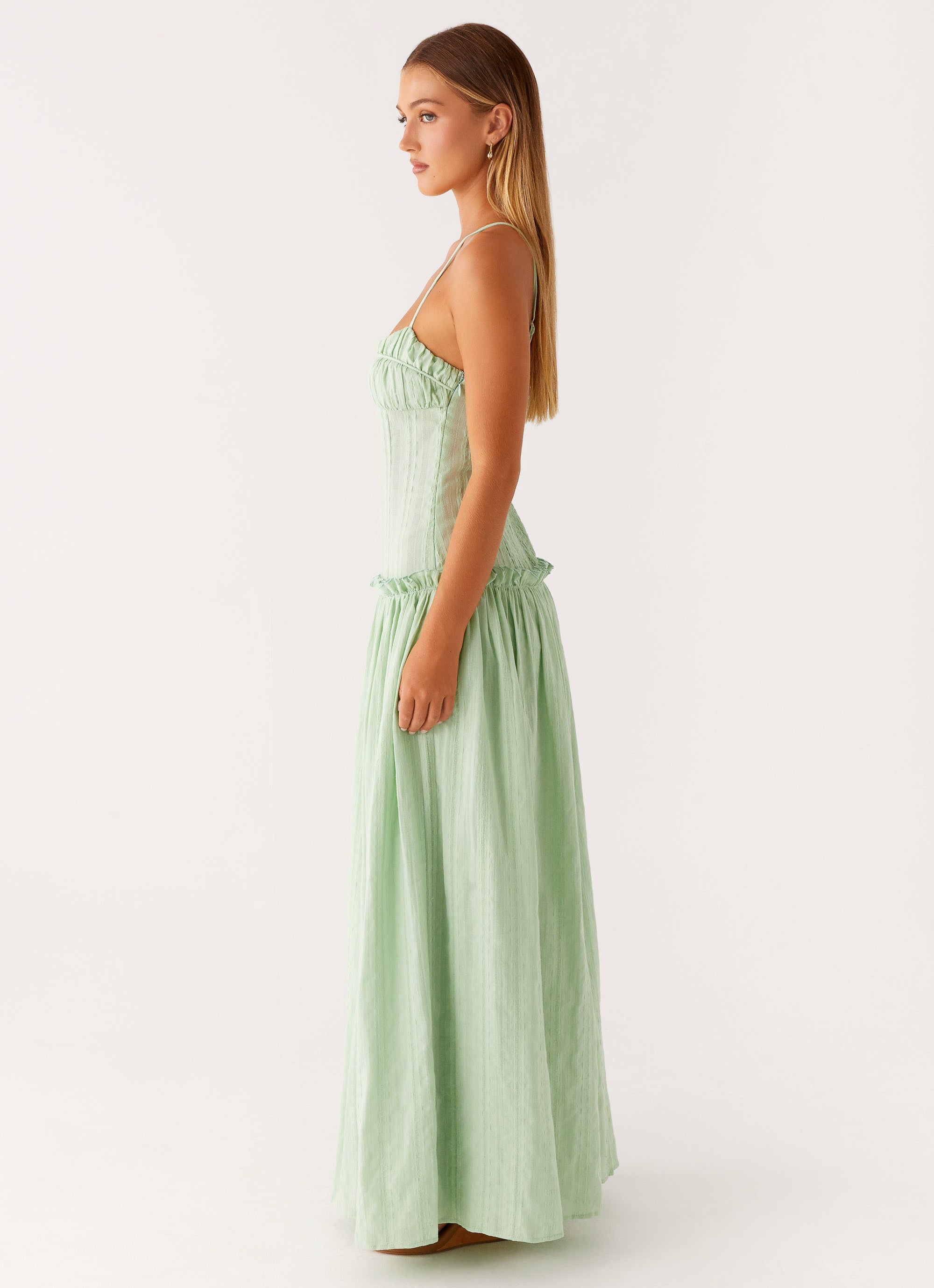 Jacinda Drop Waist Maxi Dress in Sage Green - Elegant Flowy Long Dress for Women, Perfect for Weddings, Parties & Summer Vacations