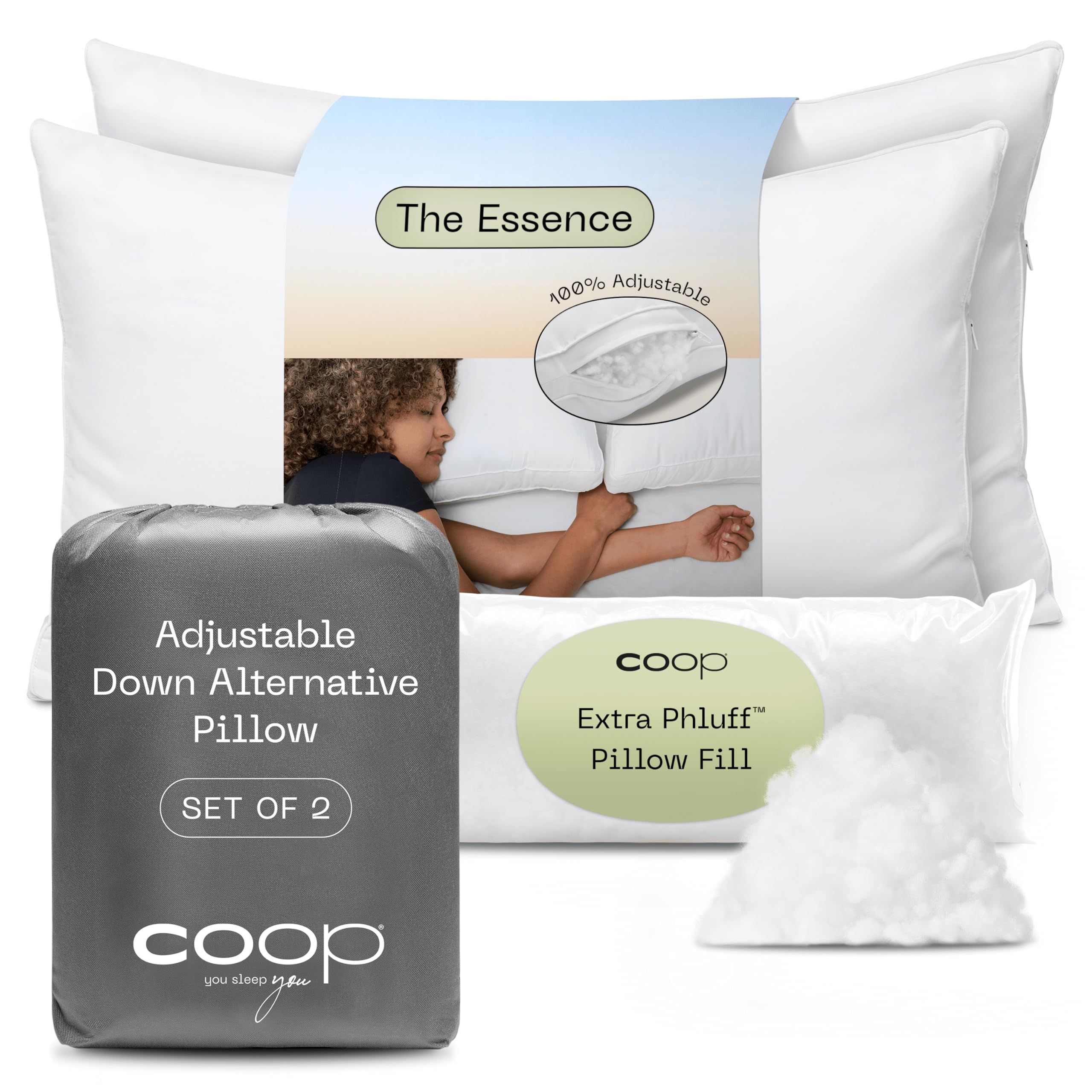 Coop Home Goods Essence Down Alternative Pillow Set of 2, Queen Size - Adjustable Luxury Hotel Pillows for Back, Stomach & Side Sleepers | Hypoallergenic & Breathable for Better Sleep | Perfect for Bedroom, Guest Room & Travel