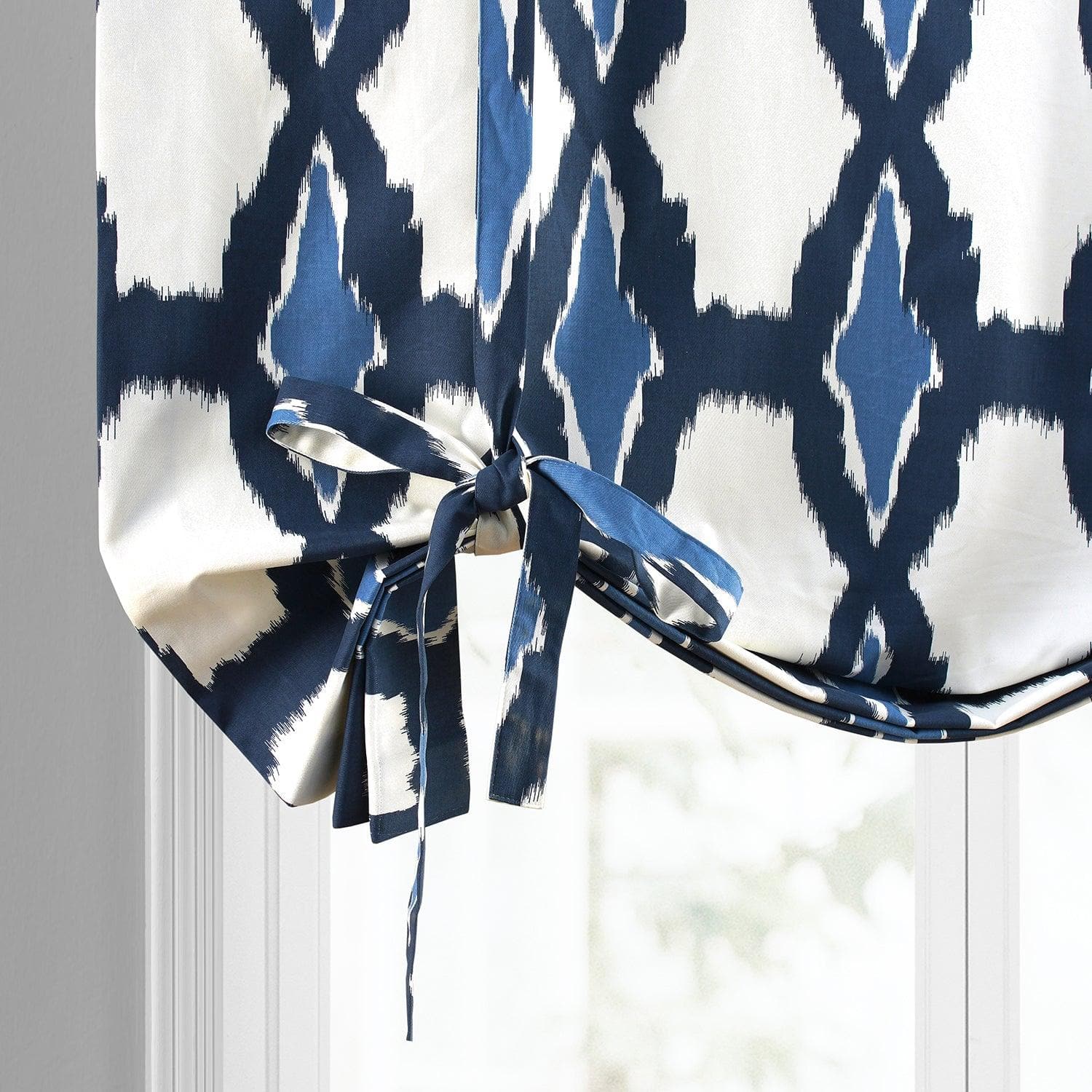 Royal Blue Geometric Printed Cotton Blackout Window Shade - Elegant Tie-Up Curtain for Living Room, Bedroom & Home Decor