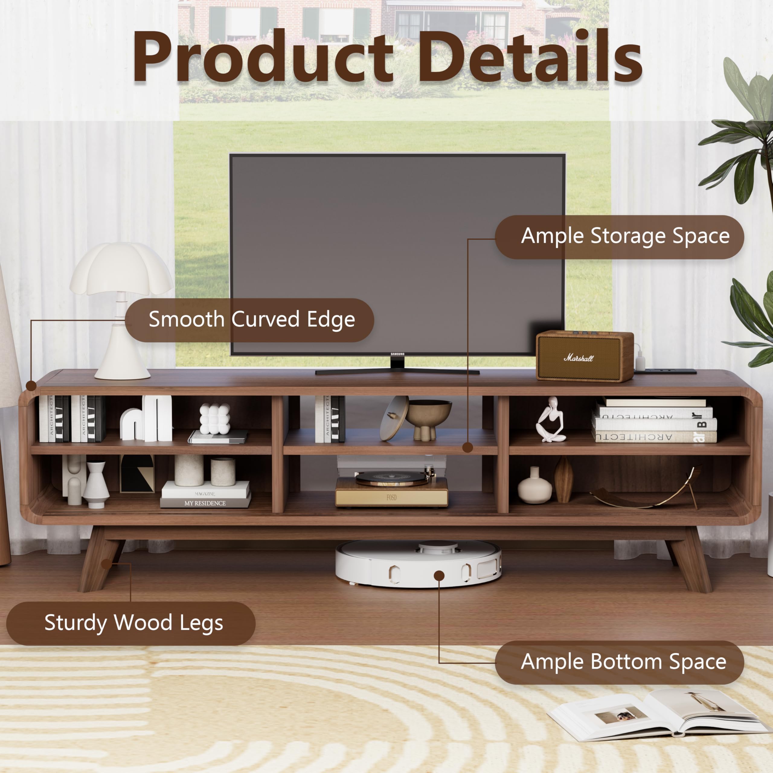 Modern TV Stand for Living Room - Large Entertainment Center with Slatted Sliding Doors, Open Shelves & Built-in Power Outlet - Rustic Reddish Brown Media Console Cabinet - Perfect for Home Theater Setup & Living Room Organization