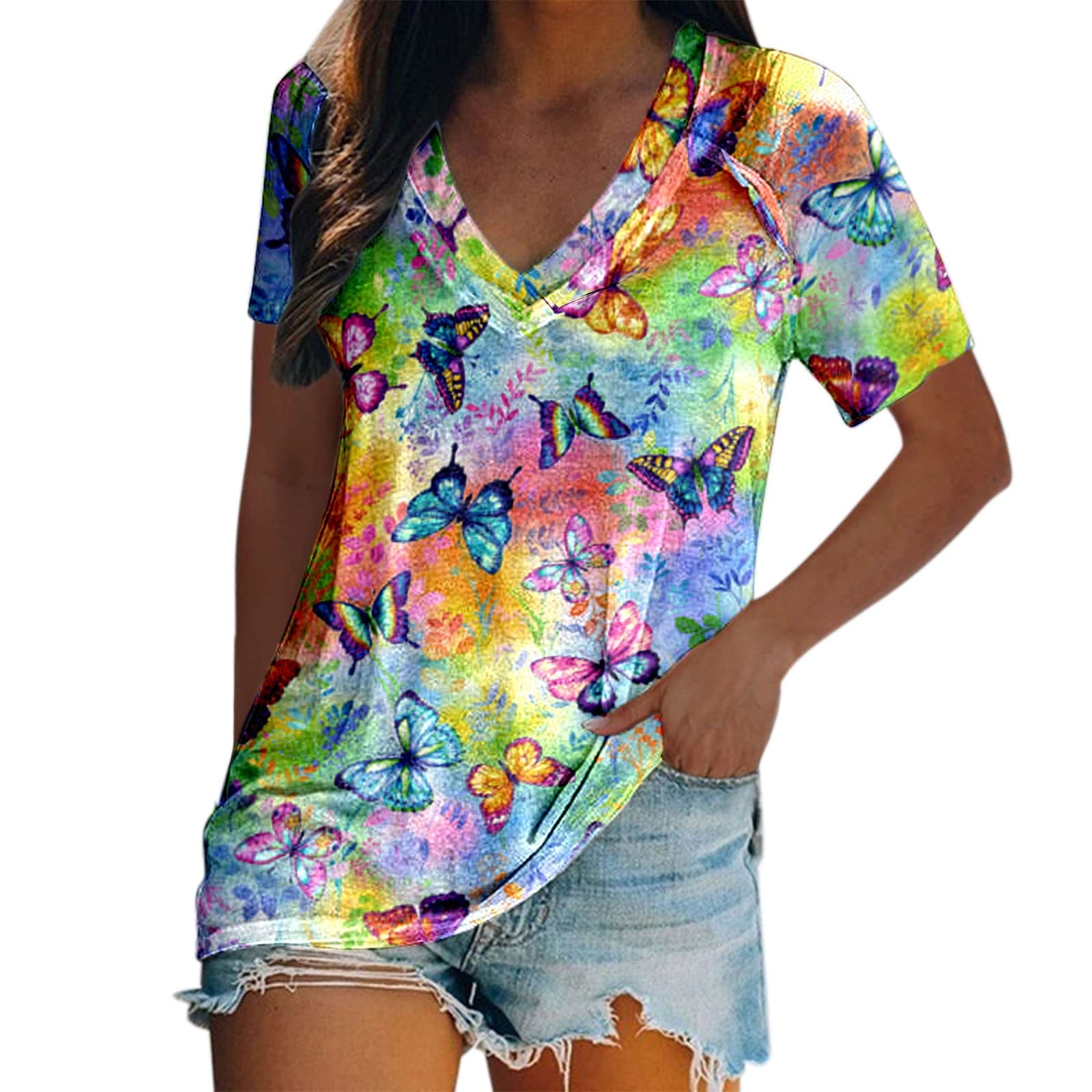 Women's Summer Tie Dye Short Sleeve T-Shirt | Ombre V-Neck Loose Fit Top | Casual & Comfortable Cotton Shirt for Women | Perfect for Beach, Vacation, and Everyday Wear