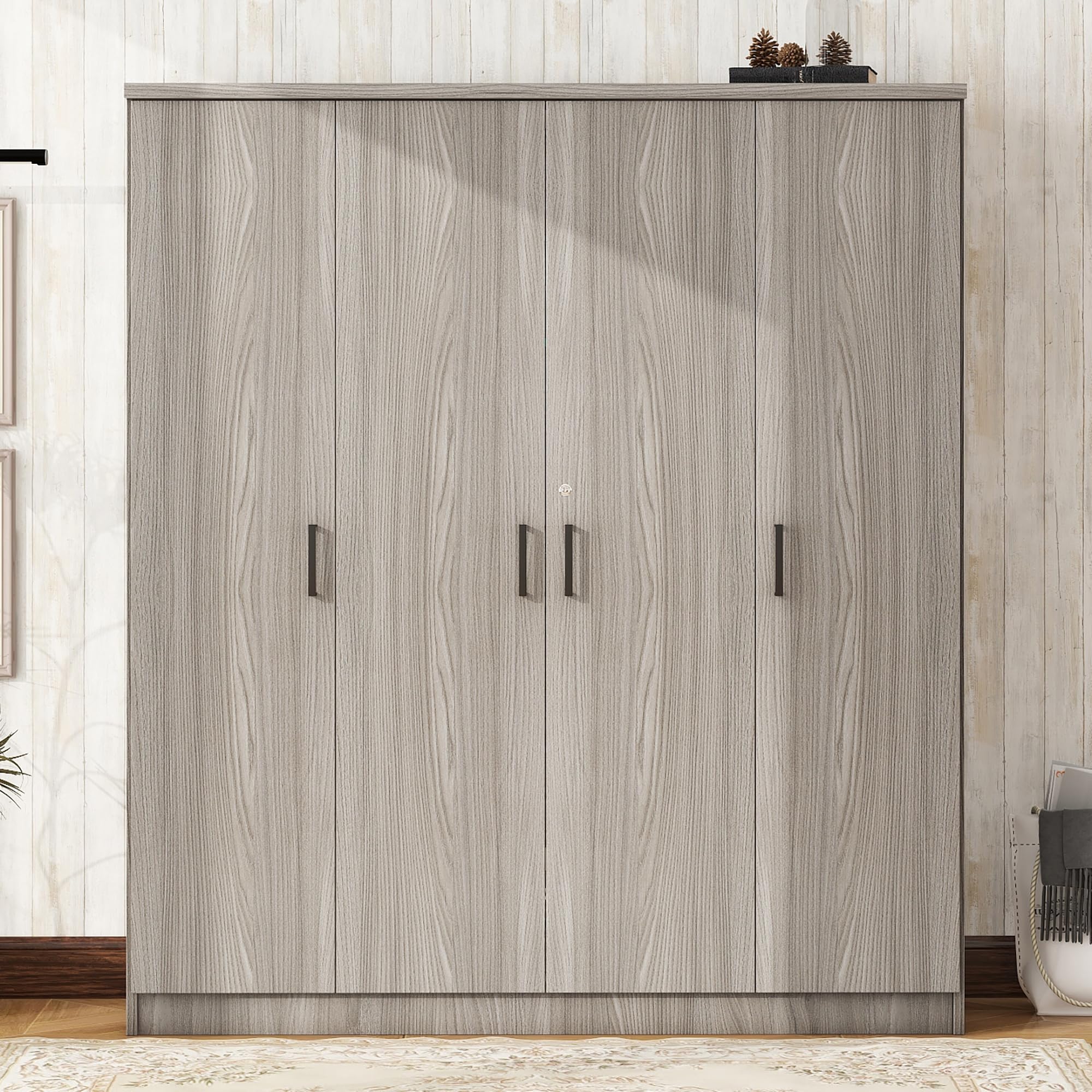 Modern 4-Door Wardrobe with 1 Drawer - 67.9 Inch Tall Wood Free-Standing Closet Cabinet with Shelves & Hanging Rail - Gray Clothes Organizer for Bedroom, Entryway, Dorm Room, and Small Spaces