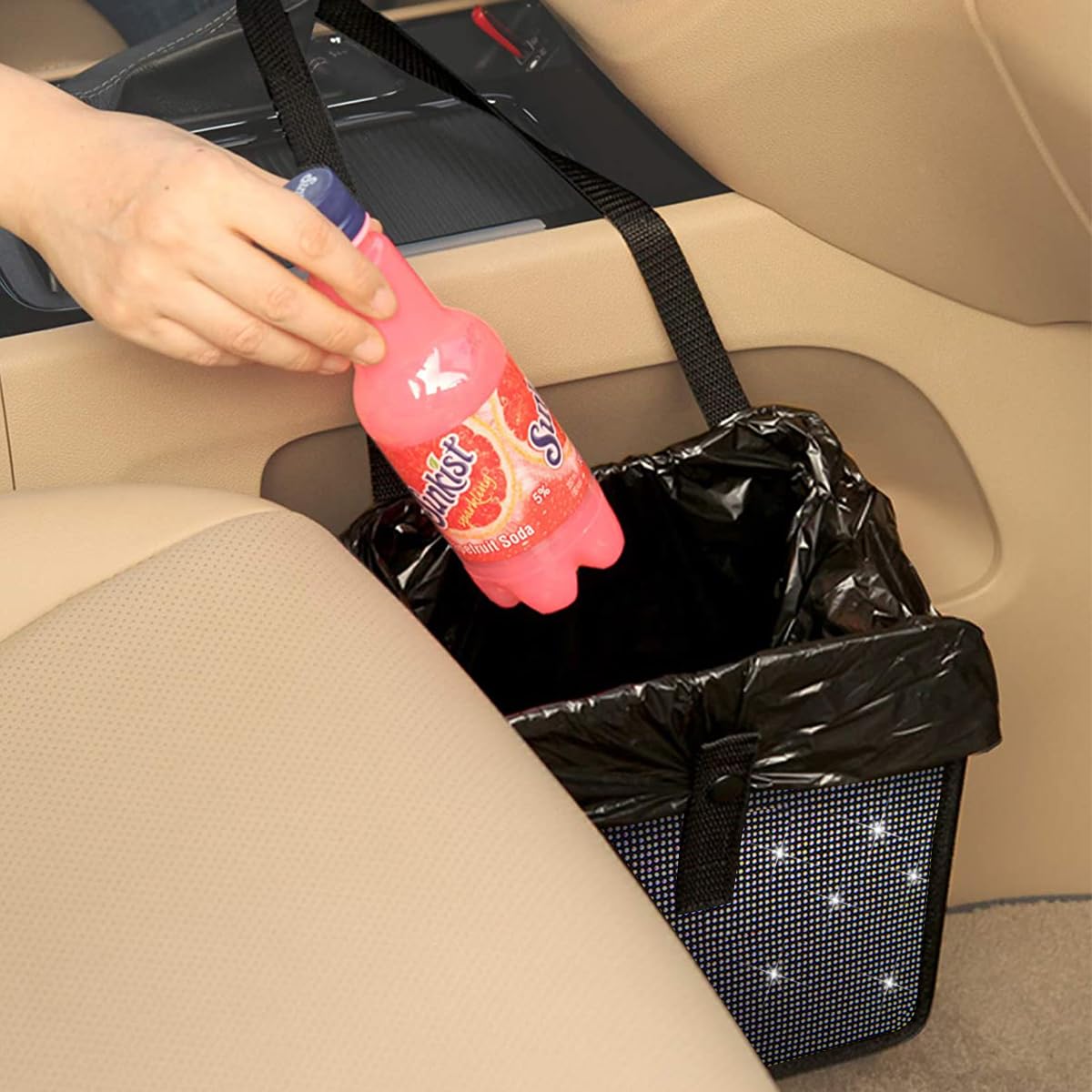 BELOMI Foldable Car Trash Can with Rhinestone - Waterproof Leakproof Hanging Garbage Bin for SUV, Truck & Vehicles | Multipurpose Auto Organizer Accessories | Perfect for Road Trips, Commuting & Car Cleaning