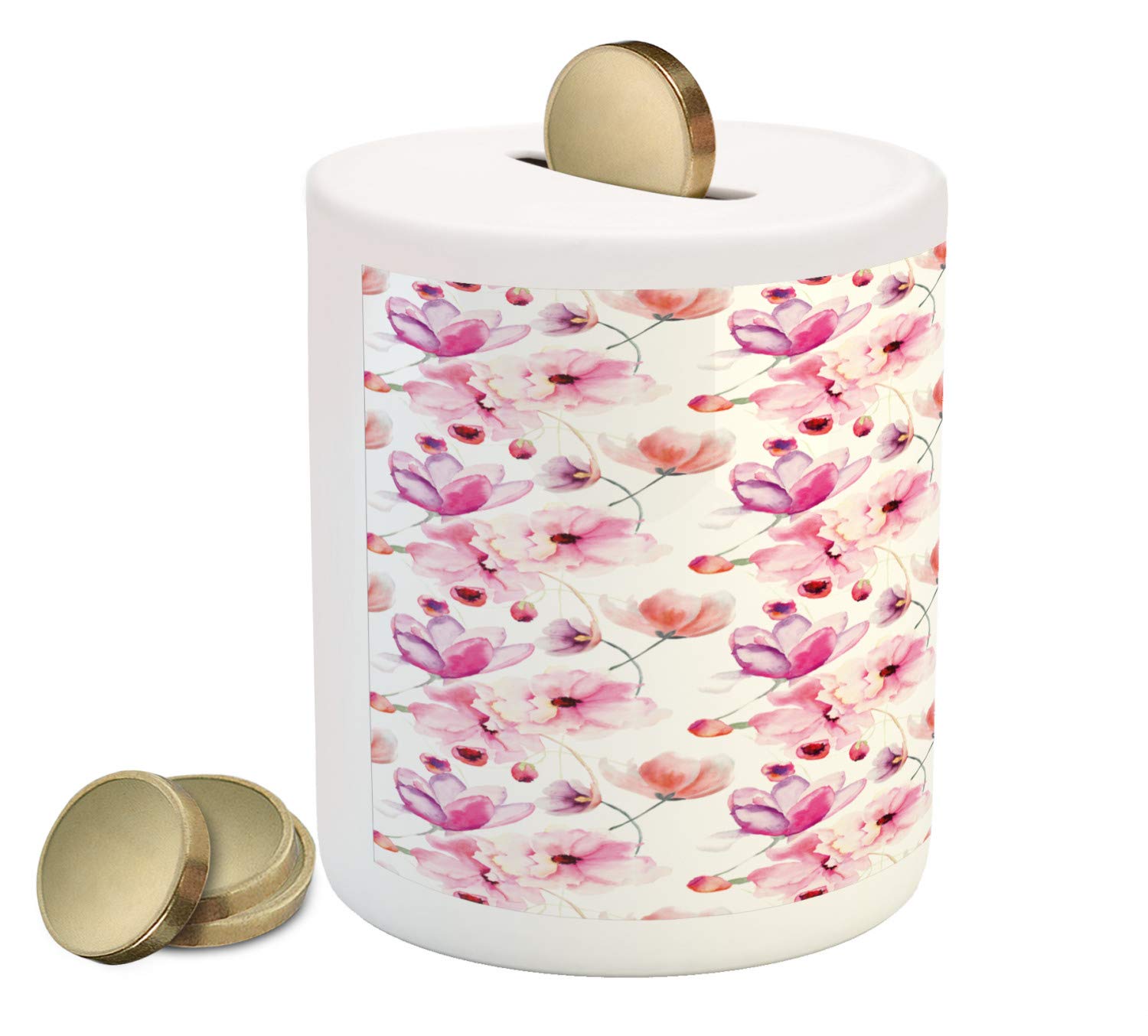 Ambesonne Floral Piggy Bank - Watercolor Painting Style Ceramic Coin Bank with Blooming Flowers Spring Nature Design for Cash Saving | Pink Purple Coral Money Box | Perfect Gift for Kids, Home Decor & Office Savings