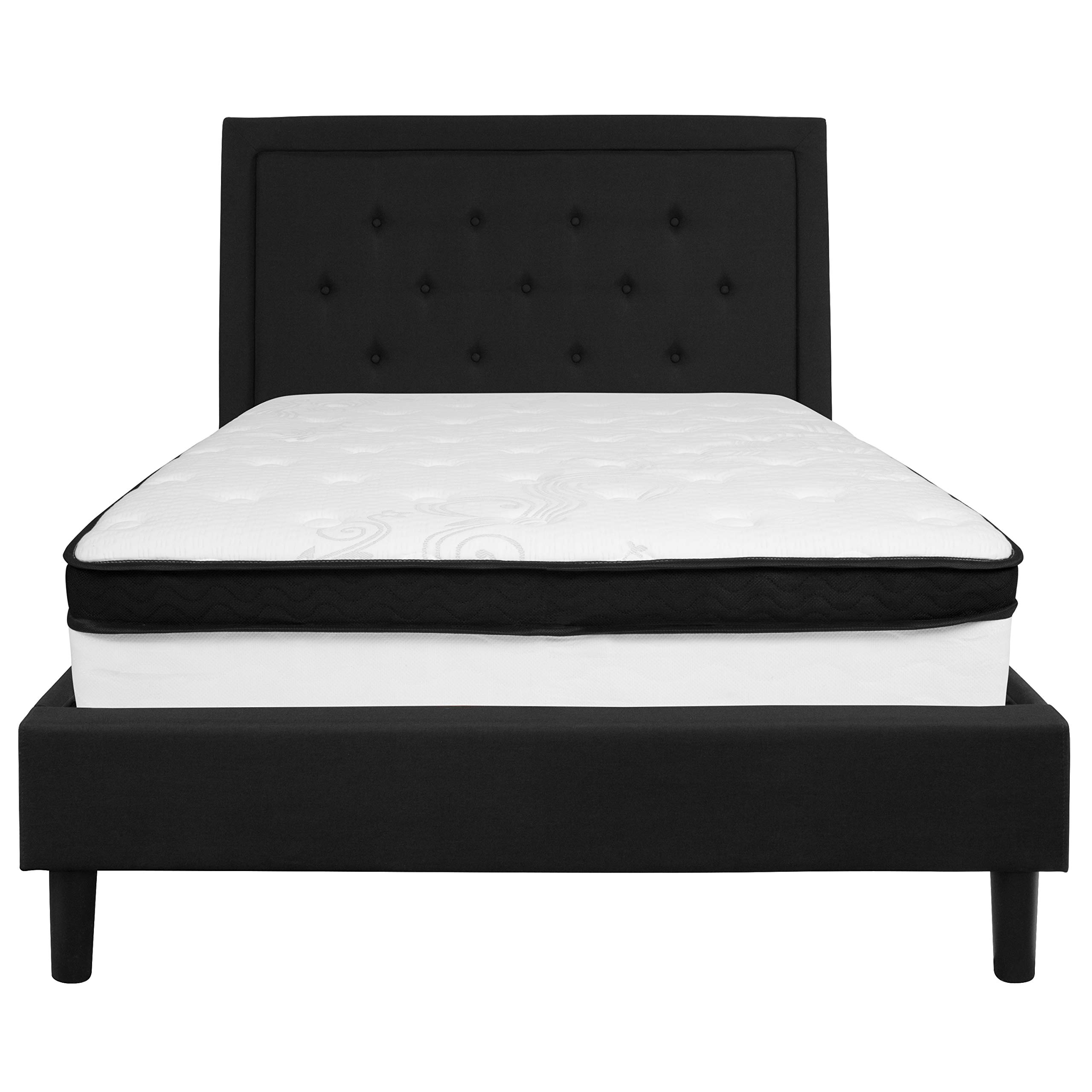 Emma & Oliver Full Panel Tufted Platform Bed with Memory Foam Mattress - Queen Size Black Fabric Bed Frame for Modern Bedroom | Perfect for Master Bedroom, Guest Room & Apartment Sleeping