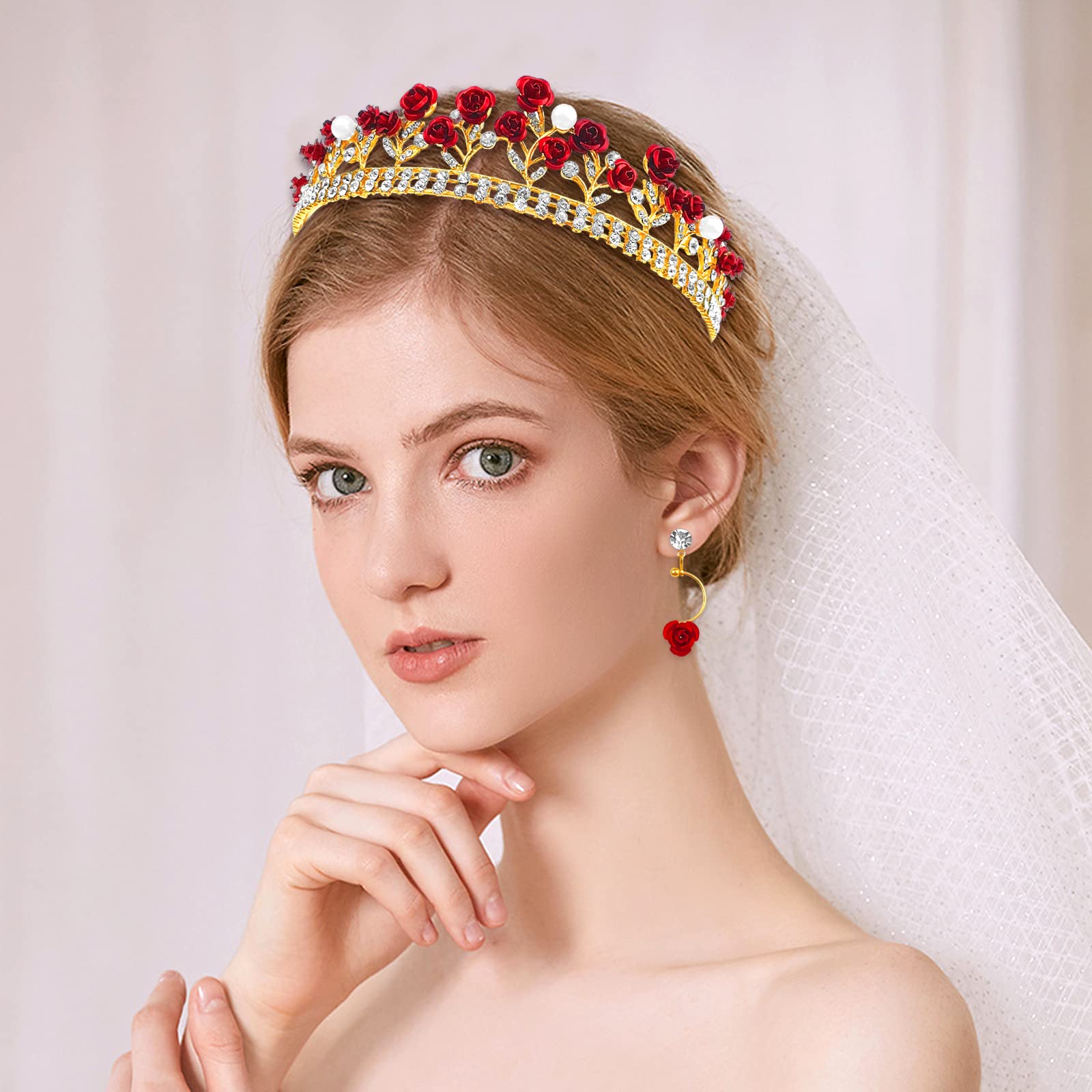 Elegant Red Rose Tiara - Gold Baroque Bridal Crown with Pearls & Crystals | Wedding Queen Headpiece, Floral Jewelry Set with Earrings & Pendant | Perfect for Brides, Prom, Pageants & Renaissance Fairs