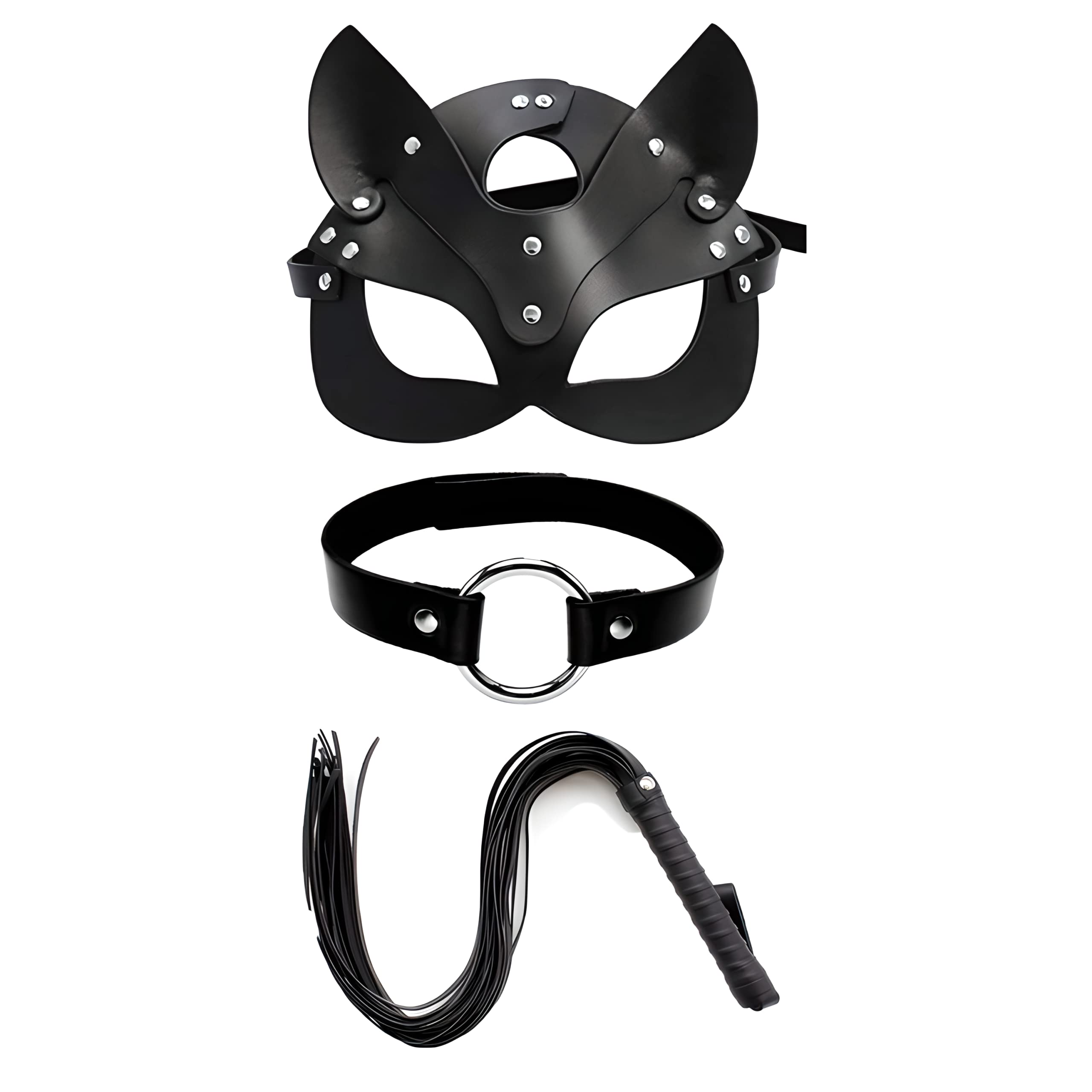Faux Leather Whip & Cat Mask Set - BDSM Bondage Restraints for Couples, Adults Sex Toys with Neck Collar & Under Bed Straps - Perfect for Role Play, Spicing Up Relationships & Sensual Exploration (Men & Women)