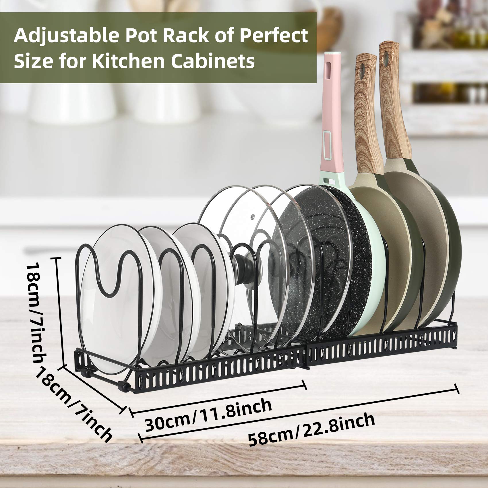 Expandable ROOHUA Pot and Pan Organizer - 10 Adjustable Compartments Lid Holder for Kitchen Cabinet Storage | Perfect for Cookware, Baking & Frying Utensils Organization in Small Spaces