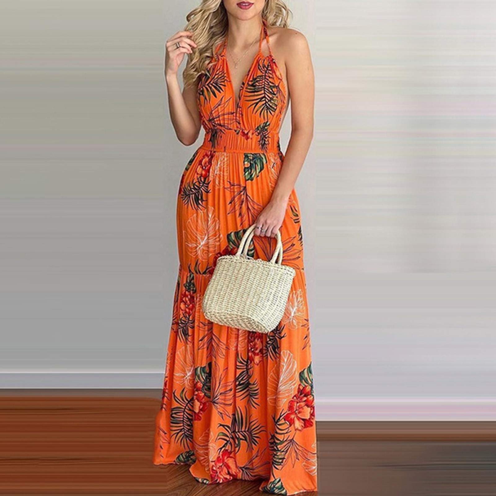 Women's Tropical Print Halter Backless Maxi Dress - Sexy Sleeveless Beach Sundress for Casual Party & Vacation - Green Large Size | Perfect for Summer Getaways, Beach Weddings & Tropical Vacations