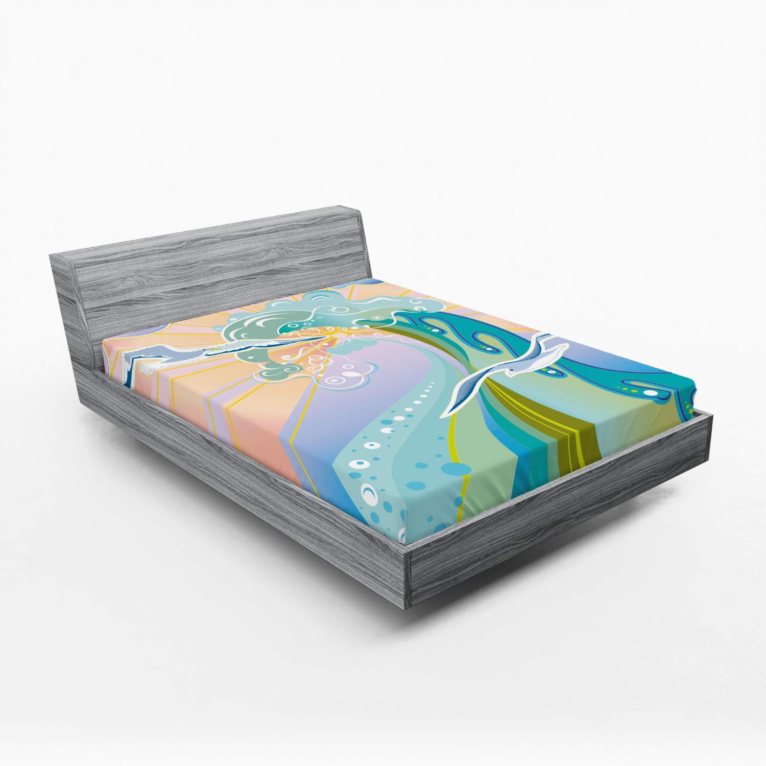 Ambesonne Modern Fitted Sheet - Cartoon Wave Birds & Sunset Foam Design, Deep Pocket Full Size Bed Cover | Multicolor Art Bedding for Kids Room, Guest Bedroom & Coastal Themed Decor