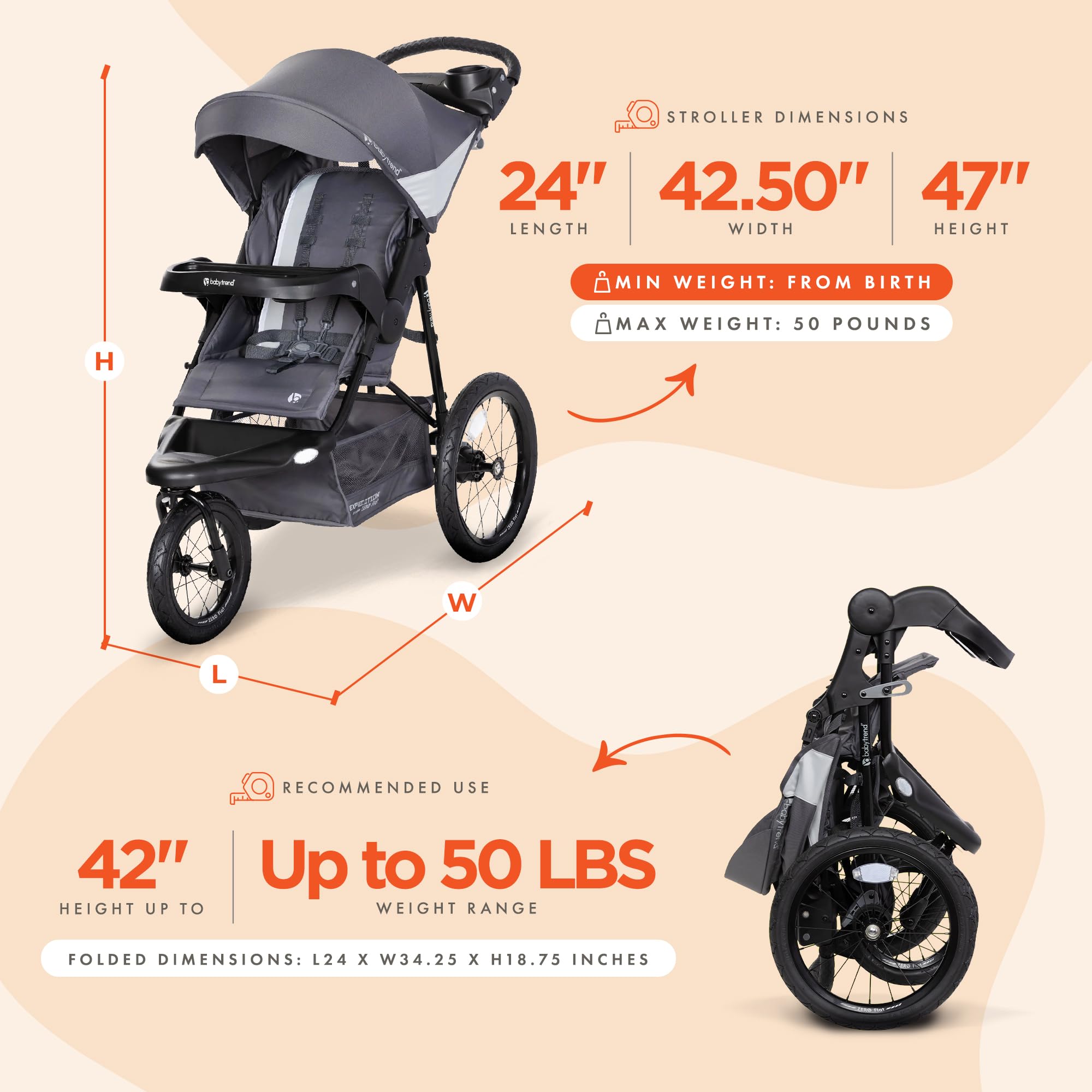 Baby Trend Expedition® Zero Flat Jogger Stroller with LED Lights - Dash Grey | Lightweight Travel Stroller for Infants & Toddlers | Perfect for Jogging, Shopping & Outdoor Adventures