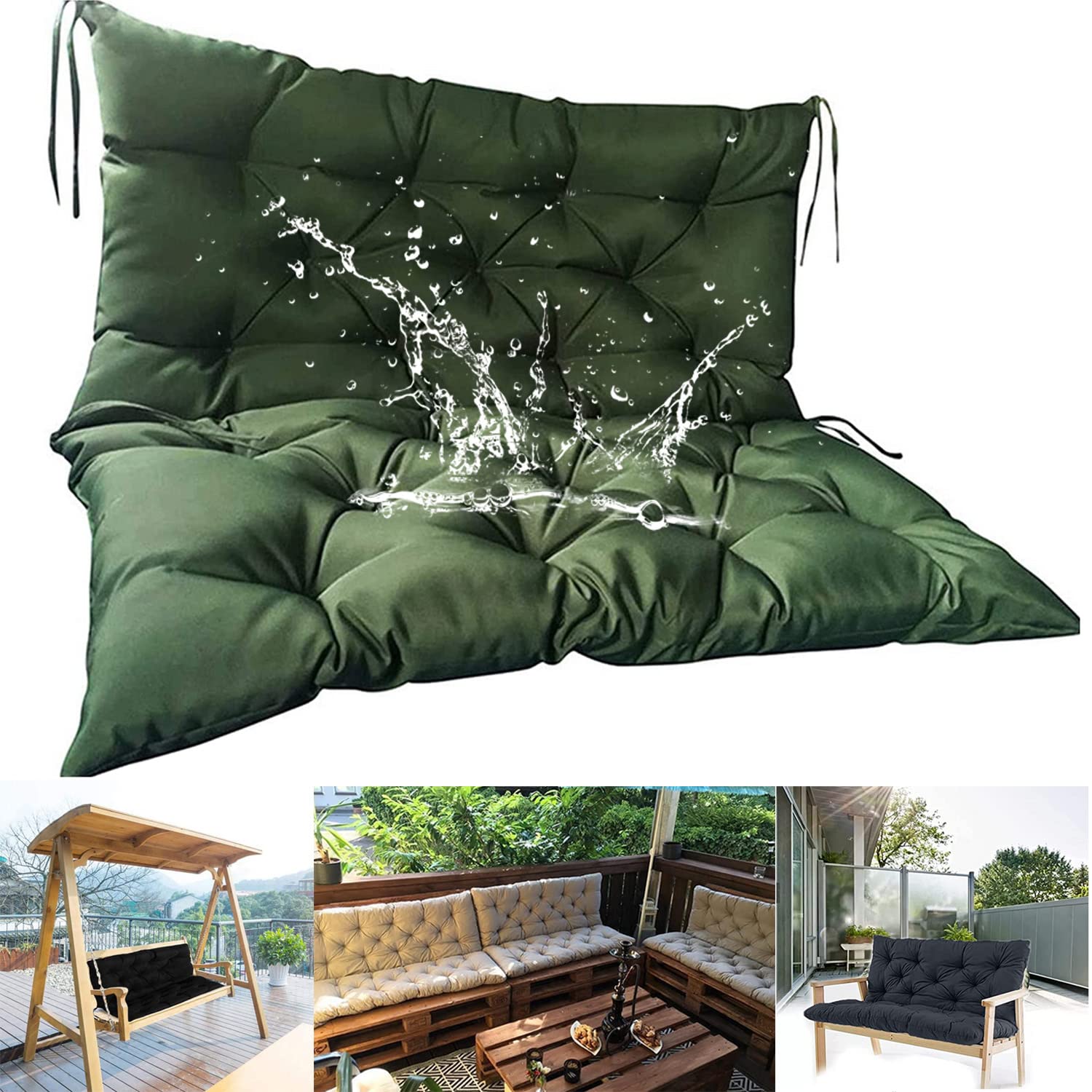 Waterproof 3-Seat Swing Replacement Cushions with Backrest - 47x40 Inch Khaki Outdoor Bench Cushion - Thick Overstuffed Patio Swing Pad for Garden, Porch & Backyard Relaxation (120x100cm)
